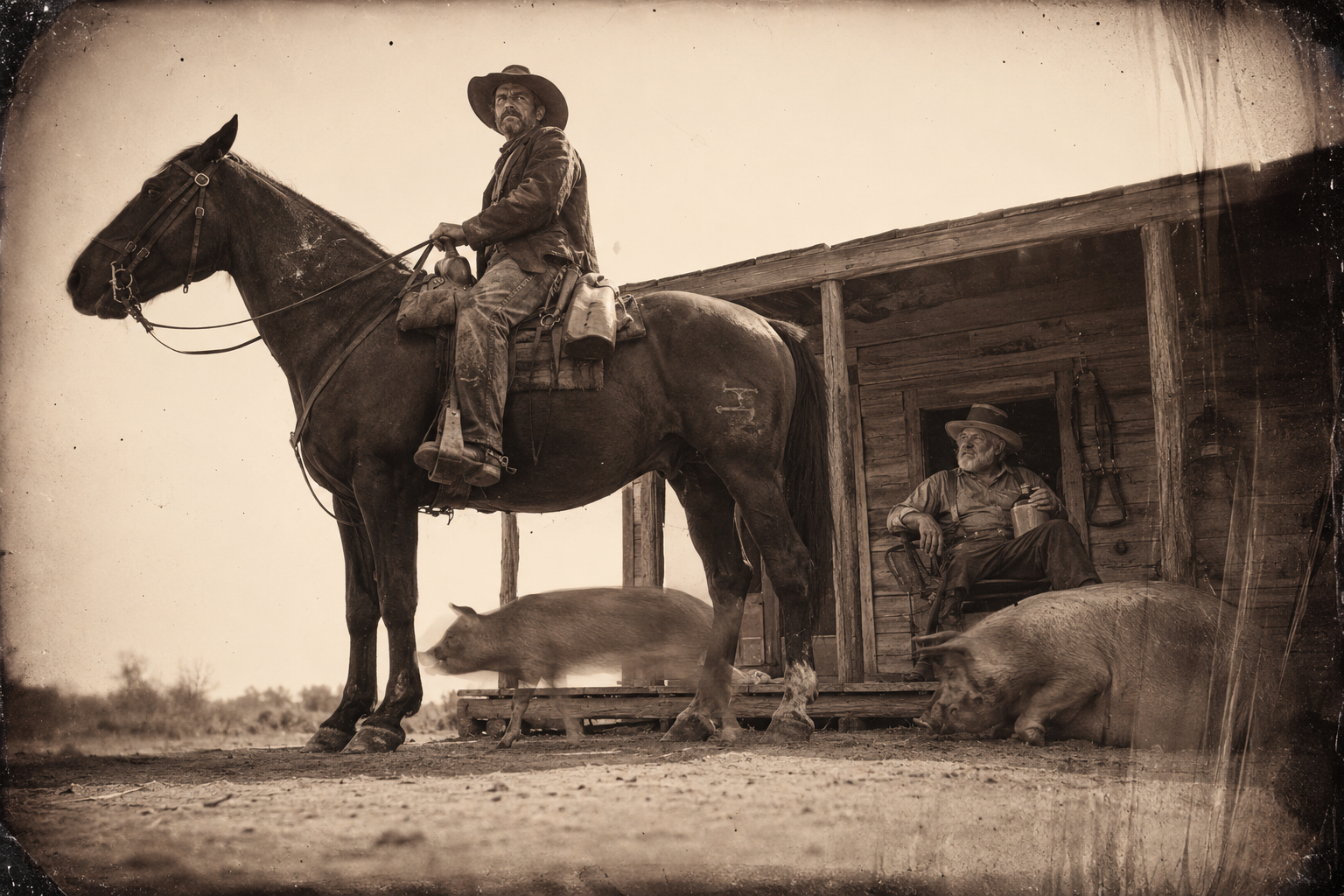 Wilbarger trots his big black horse right up to the porch, and the shoat wakes, gets up and walks clean under the horse's belly.