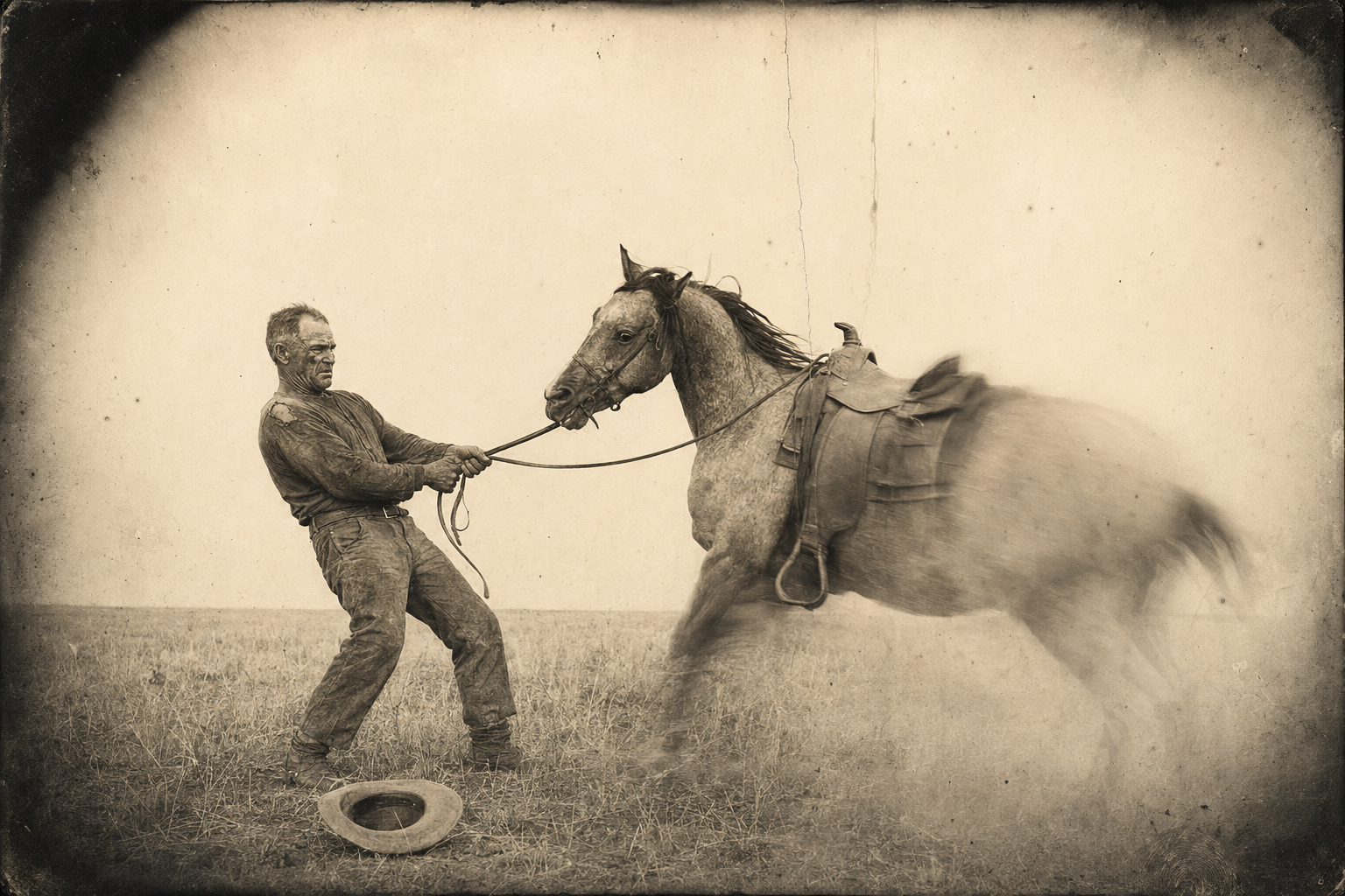 Riding on alone toward Austin, Call is thrown by the Hell Bitch between one stride and the next, and holds her by a wrap of rein around his hand.