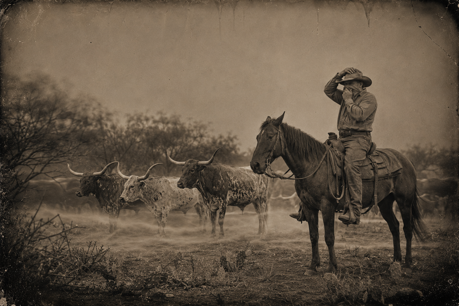 Soupy ties his bandanna over his nose and crams his hat down as the first low streams of sand come sliding through the mesquite and under the cattle's bellies like running wolves.