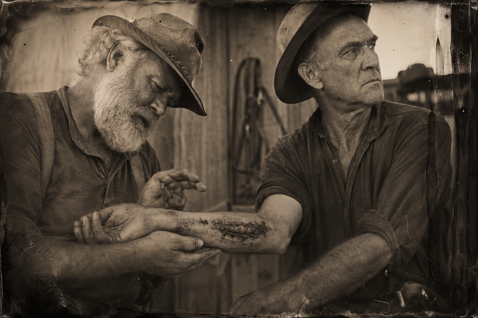 Augustus takes hold of Call's arm to look at the mare bite and says it wants more axle grease; Call says it ain't a wound, it's just a bite.