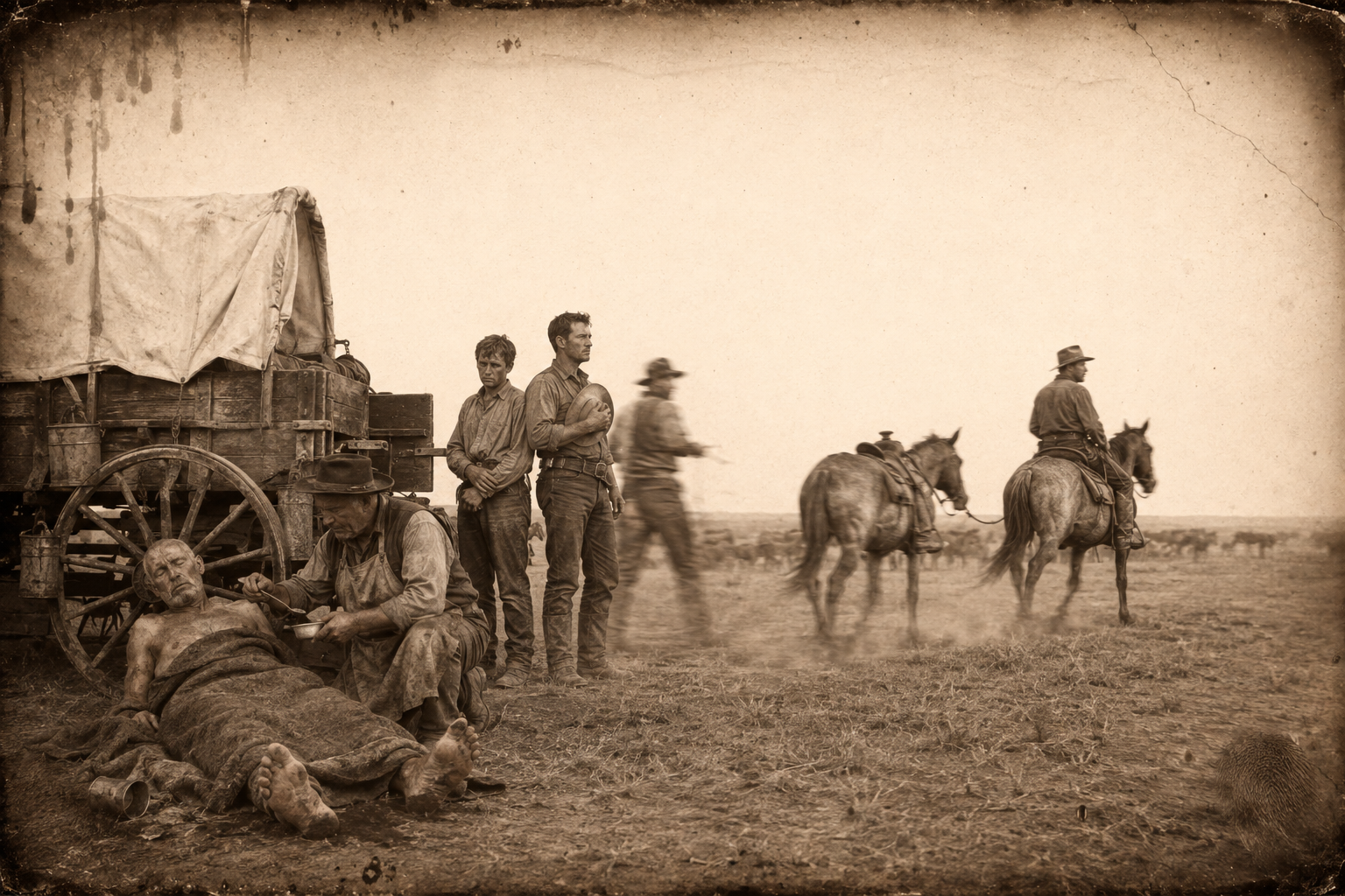 Pea Eye passes out against the chuck wagon between one spoonful of coffee and the next, and Call rides north alone with a led horse to get Gus.