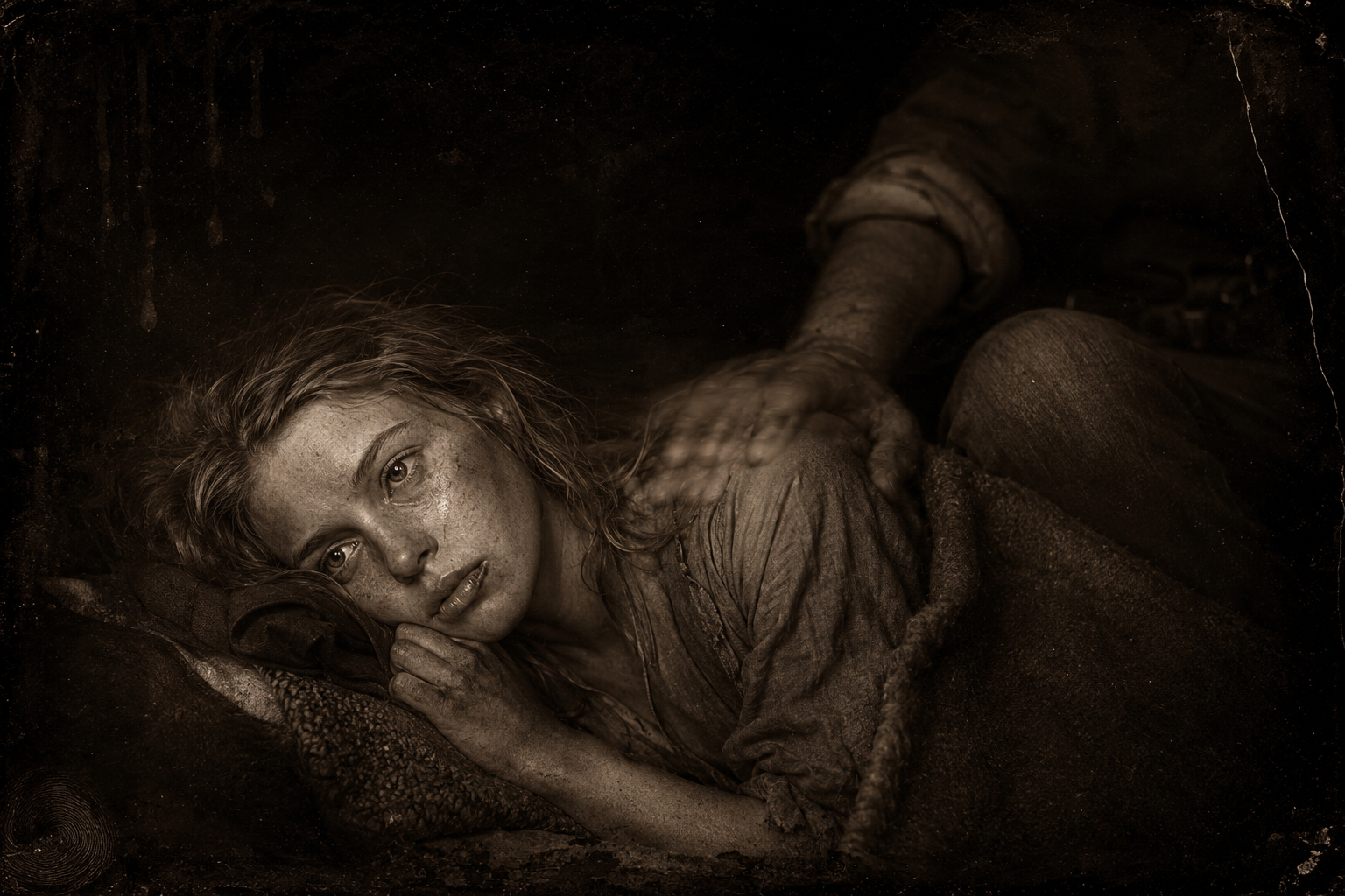 After the venison supper she wakes in the night crying and shaking; Augustus holds her and croons to her like a child, but she does not go back to sleep and lies with her eyes wide open until the rain stops before dawn.