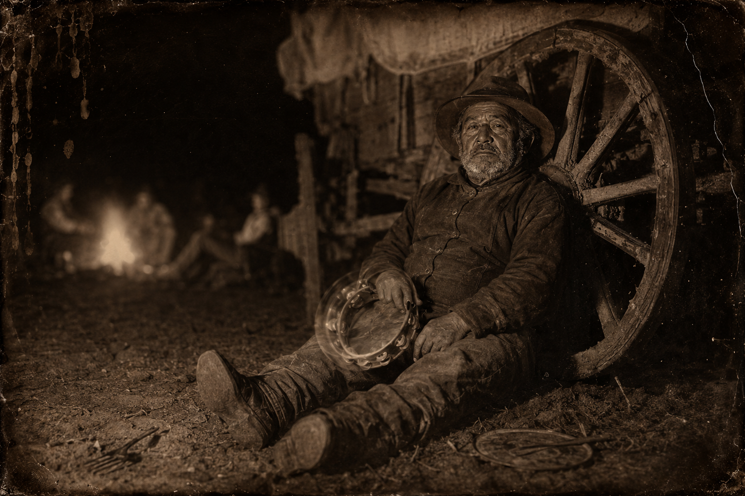 Po Campo sits against a wagon wheel jingling his tambourine and says, against the good mood, that it is going to get dry.