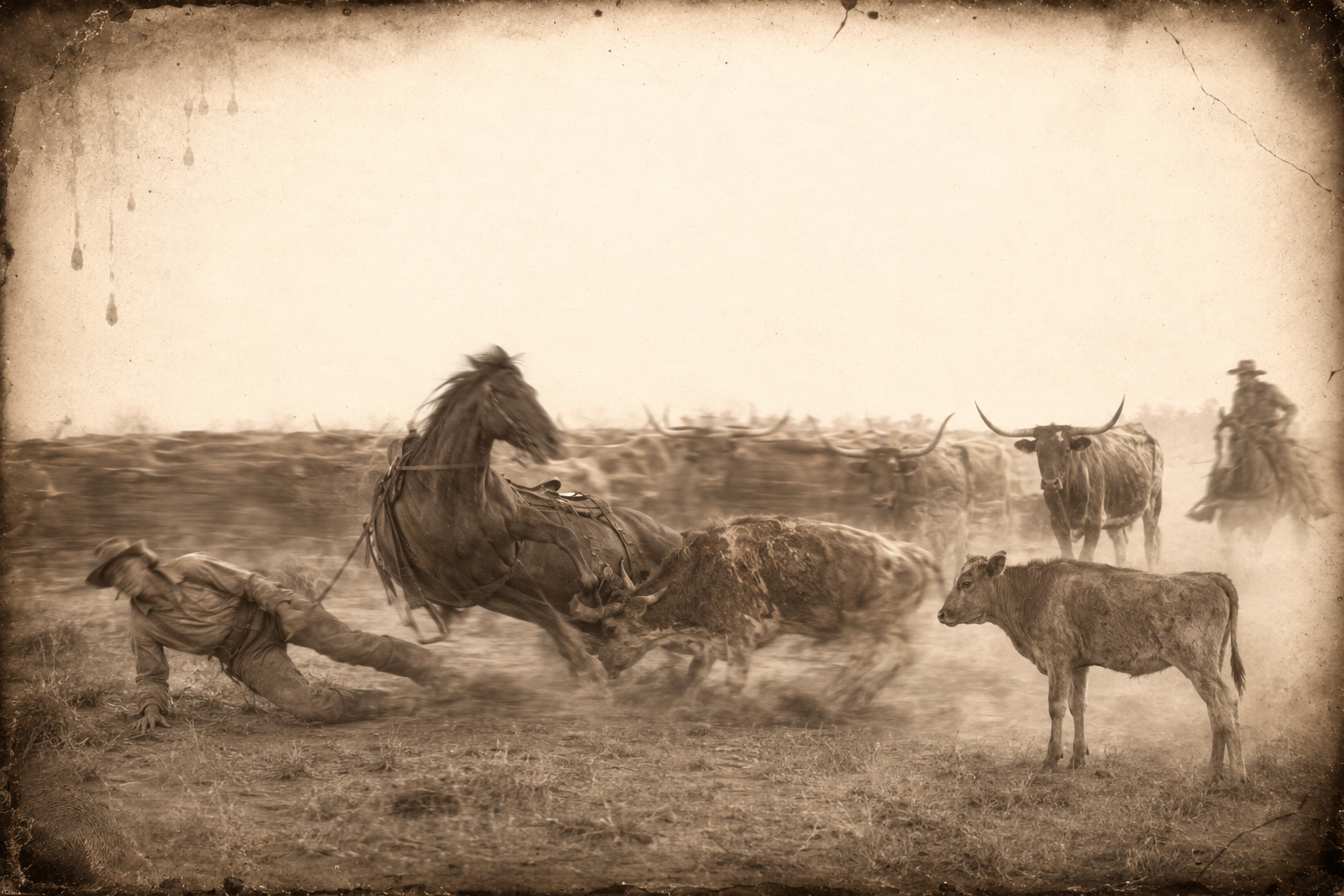 The freak accident — the little sharp-horned cow turns mean and hooks Mouse behind the girth, lifting his hindquarters off the ground and throwing Ben Rainey.