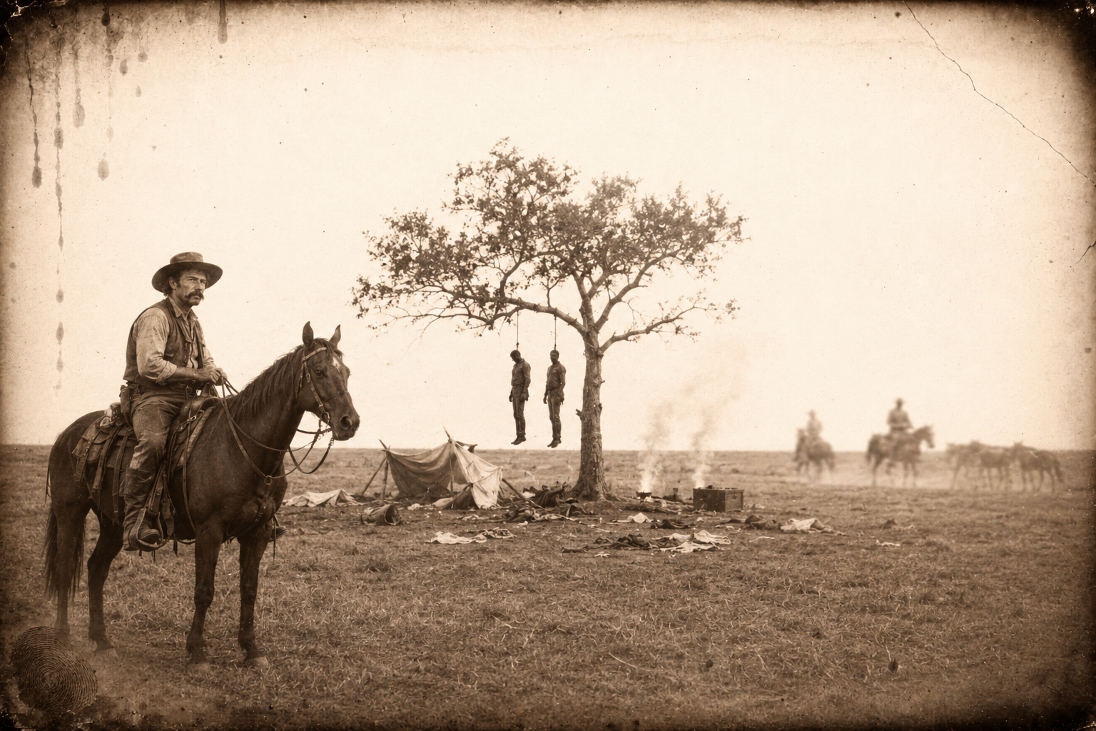 The dead sodbusters hang from the only tree with their feet inches off the ground, blackened by coal oil and burning, and the Suggses ride off with the mules.
