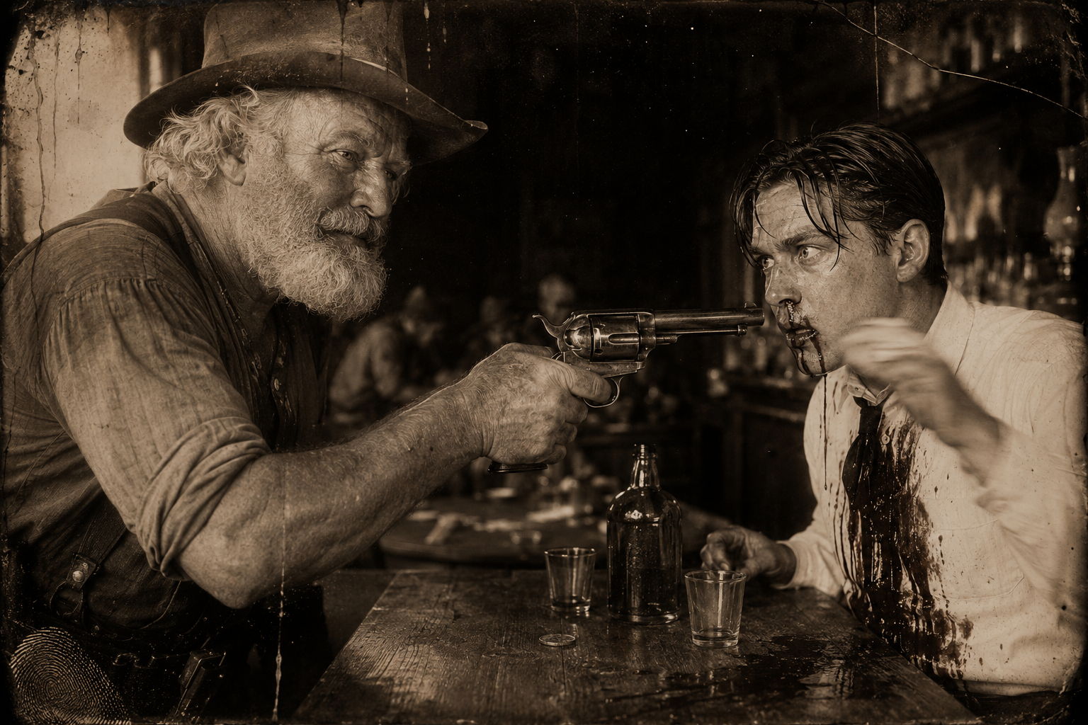The bartender lifts his head from the bar with his nose broken and his shirtfront gushing blood, and finds himself looking into the barrel of Augustus's big Colt.