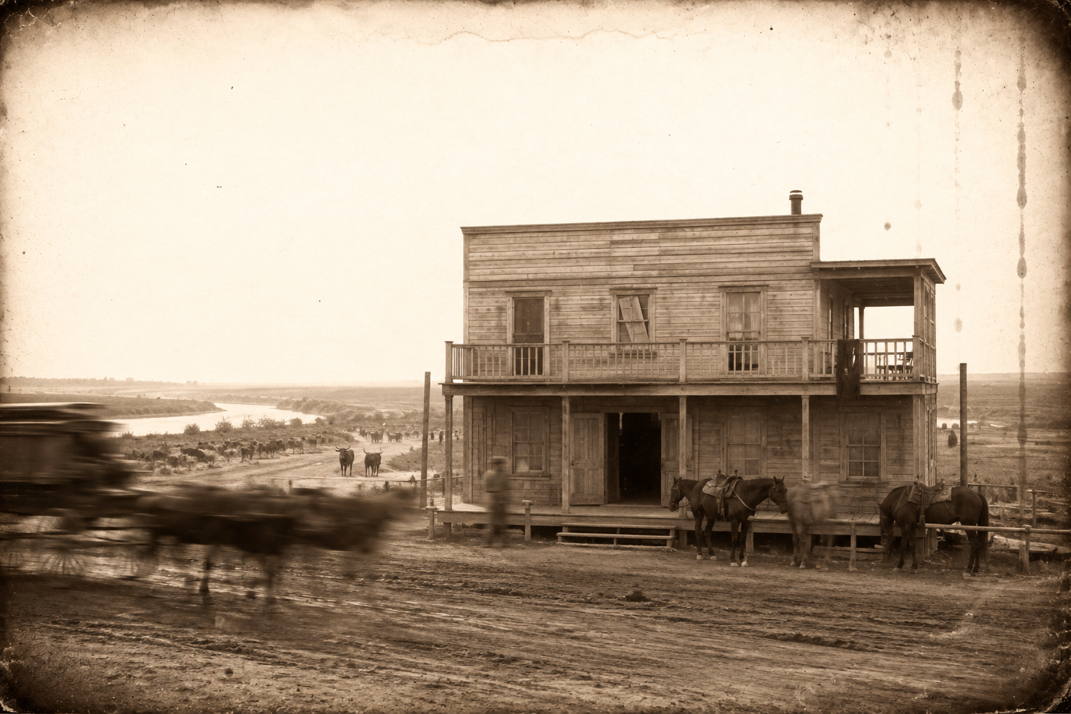 Bill's Saloon on the Trinity River bluffs at Fort Worth, where Jake has settled in, with a small herd trailing north beyond it.