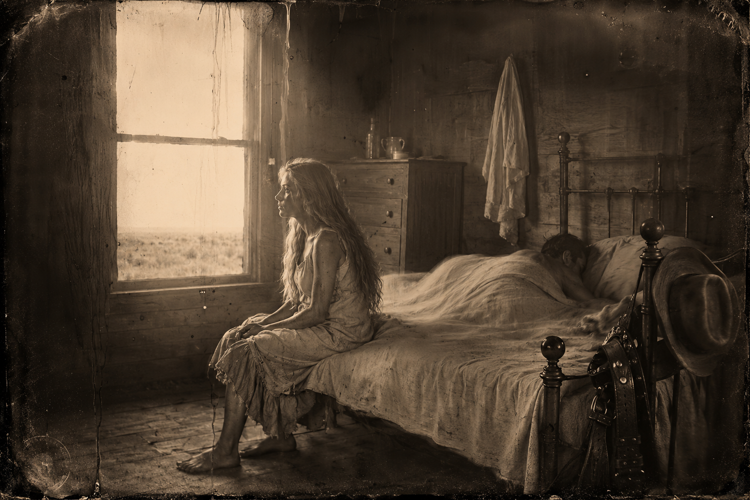 First red light over the mesquite flats — Lorena awake before dawn at the foot of the bed, Jake still asleep behind her.