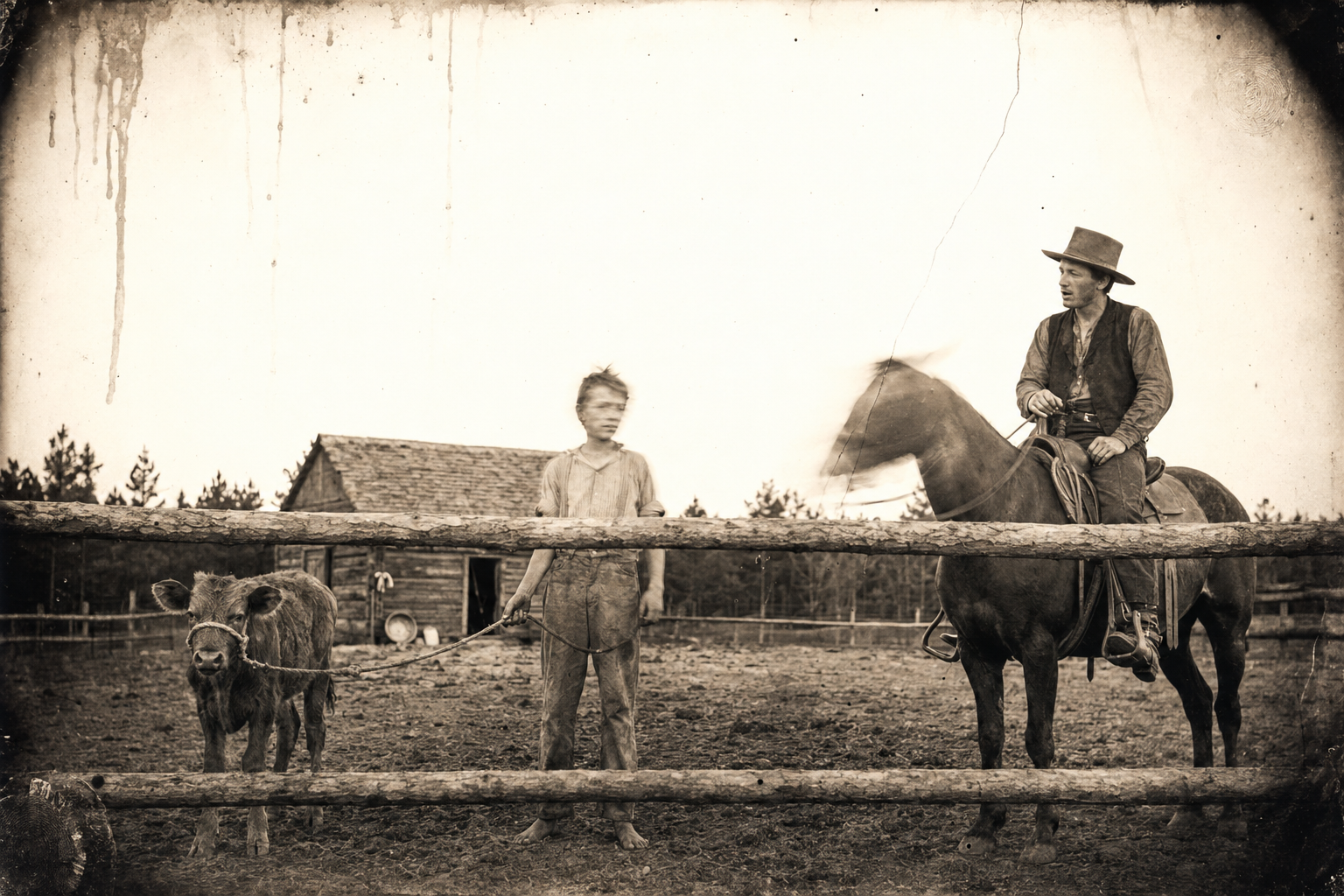 July rides home at dusk and finds little Joe in the horse pen, his rope on the milk-pen calf again.