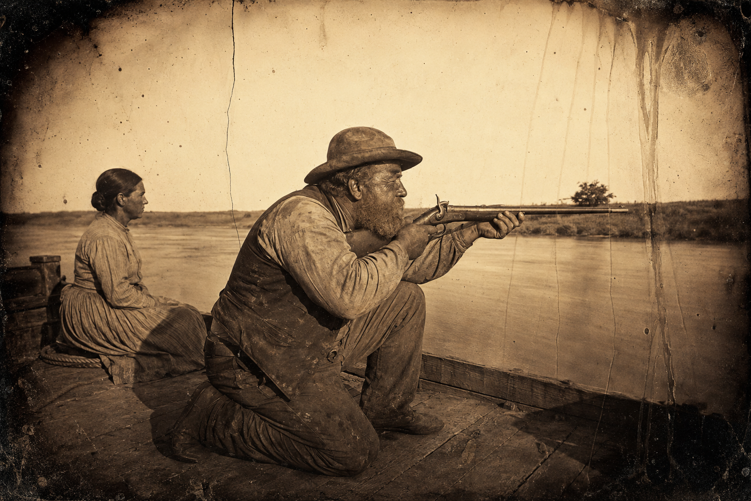 Fowler drops to one knee beside Elmira and cocks his rifle at what turns out to be a bush.