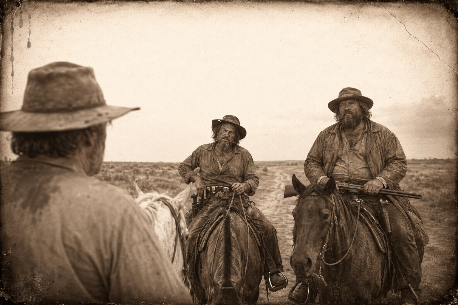 Two dirty men with greasy beards and six or seven guns between them stop Roscoe on the trail to borrow tobacco, and the little one with the mean eyes tells him that if he was more dried up they could smoke him.