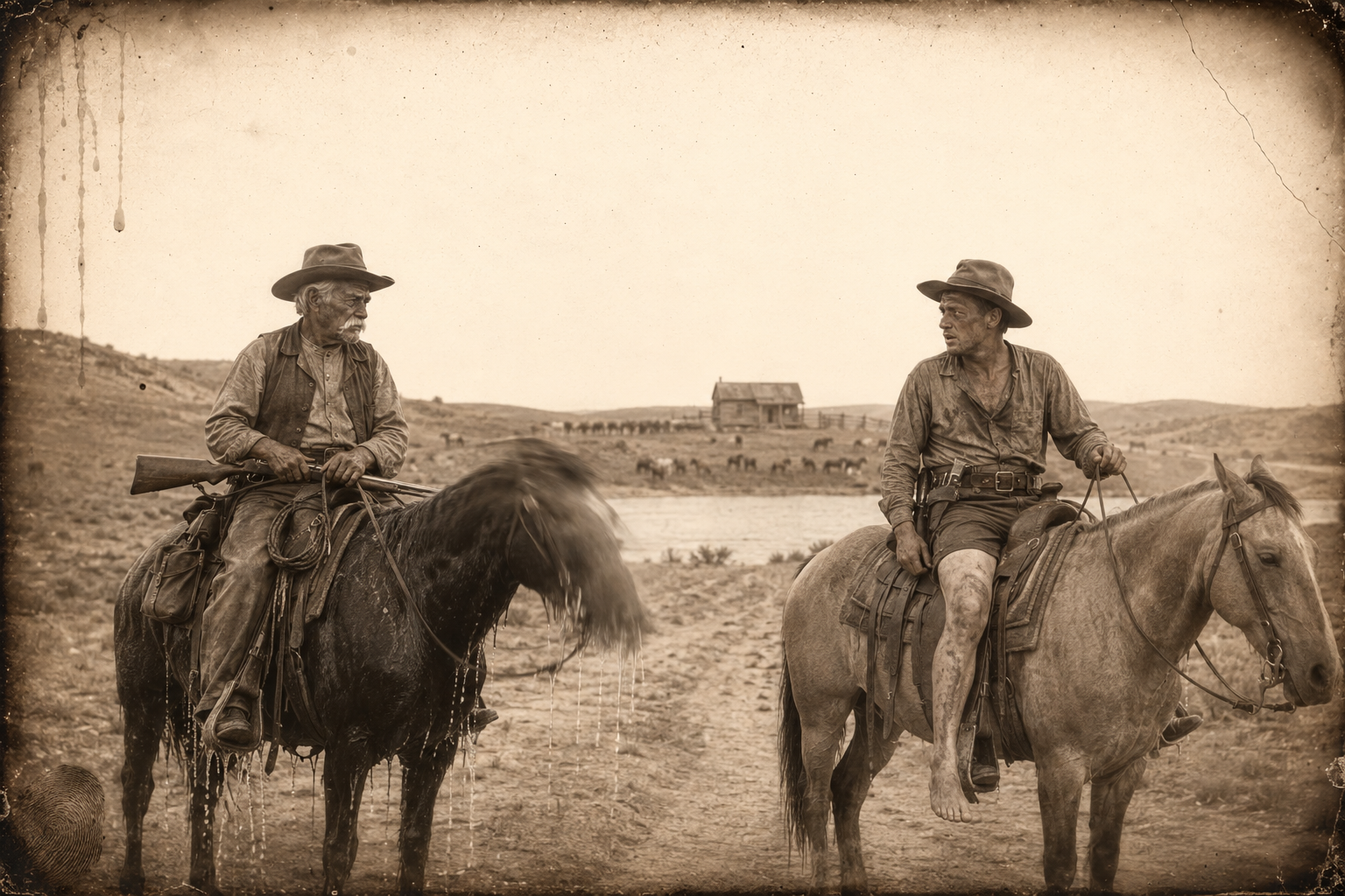 On the wagon track above the Platte, with the lone frame house in sight at last, an old white-haired Mexican rides up dripping out of the river and looks at July's leg.
