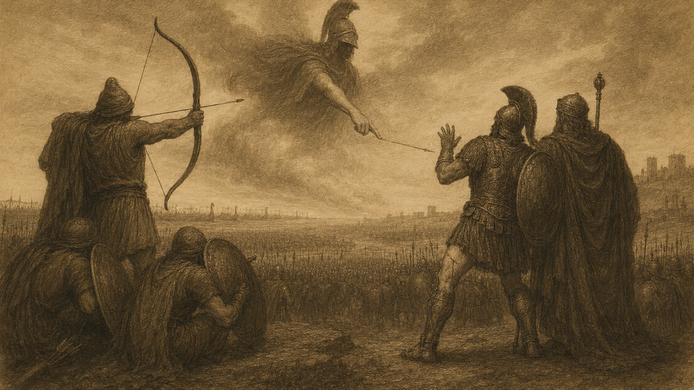 Pen-and-ink: The Oaths Broken; the Pandarus Arrow