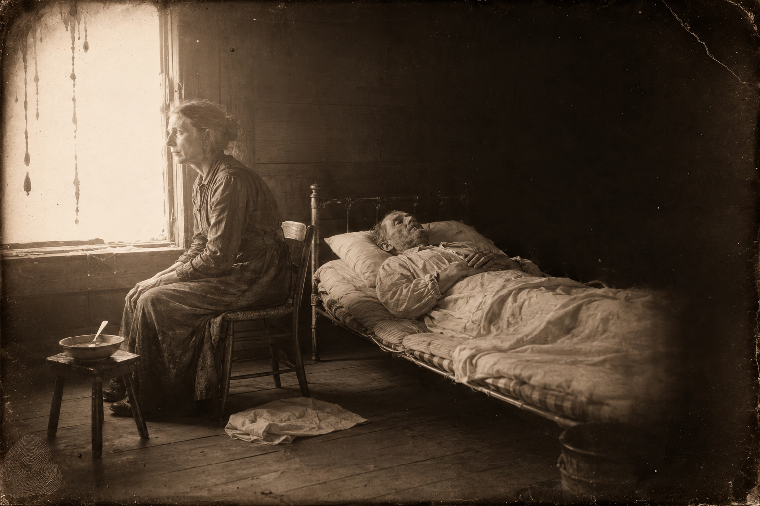 Clara comes in to change Bob in the morning, finds him dead, closes his eyes, and sits an hour with her memories while the girls laugh downstairs.