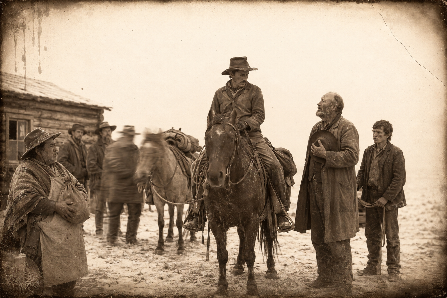 Dish Boggett, paid off and loaded down with Po Campo's provisions, shakes hands all round and mounts for Nebraska while Pea Eye weeps and Newt feels that leavings and dyings are much alike.