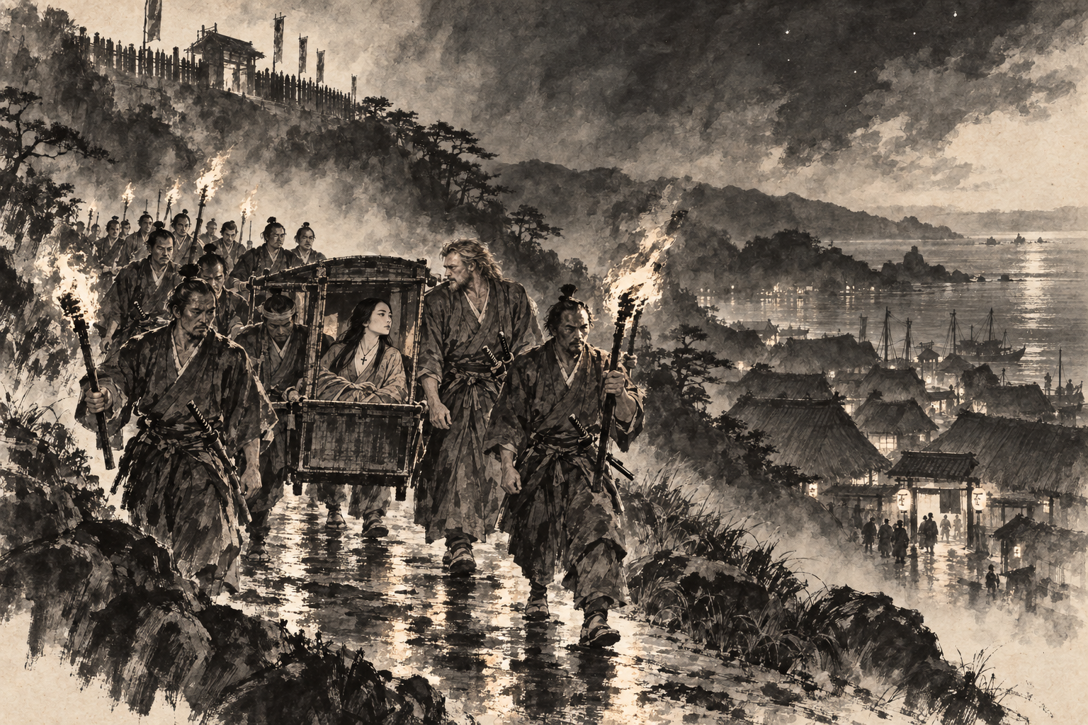 Torches on the track to the Tea House