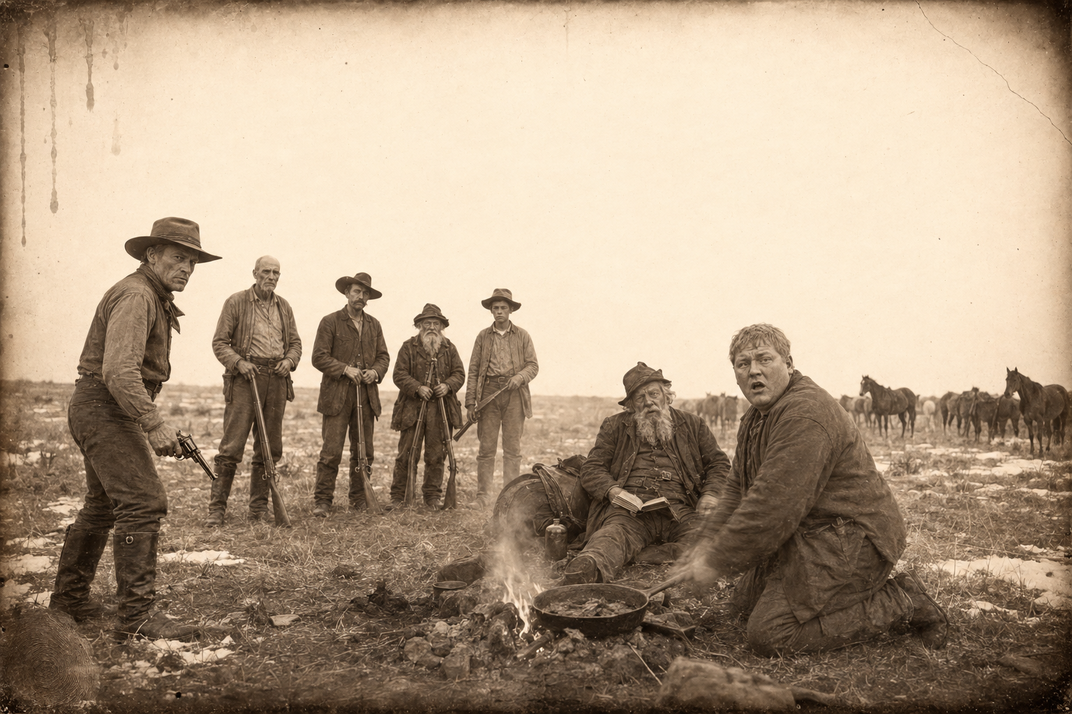 Three days north into Canada, Call walks into the horsethieves' breakfast camp with his pistol drawn and finds a drunk old preacher and his big son.