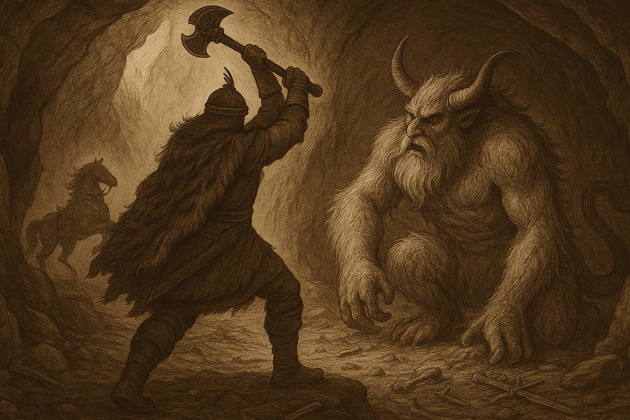 Rostam in tiger-skin coat, riding Rakhsh, plunging his mace into the White Div in the demon's cave.