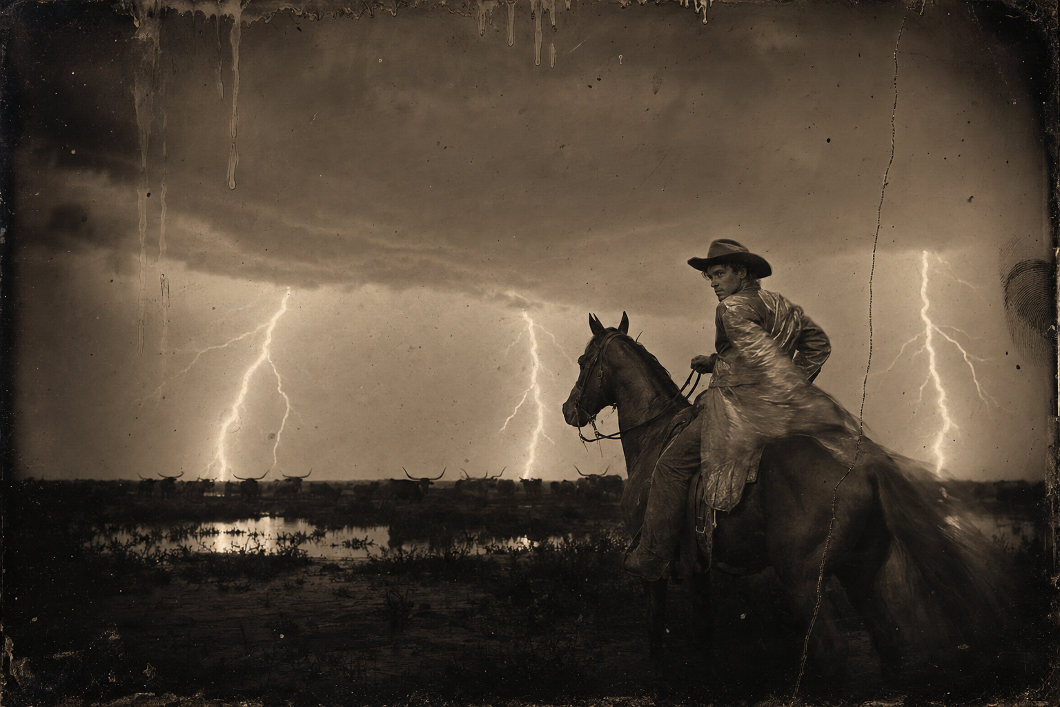 The lightning stops running along the horizon and starts driving into the earth in poles; in one flash Newt sees Dish Boggett thirty yards off, pulling on a yellow slicker.
