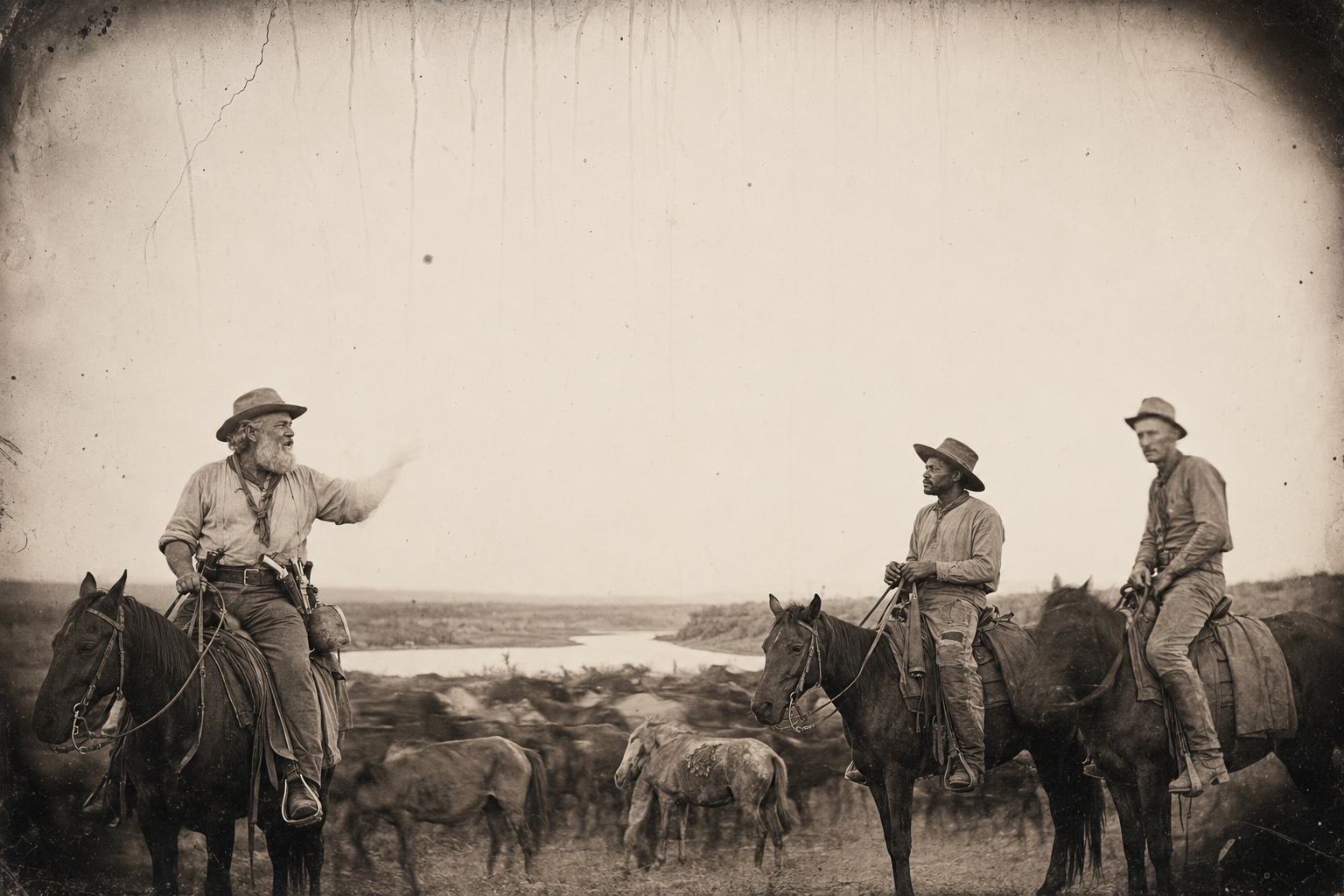 Augustus rides through Call's catch, tells Deets and Pea Eye the nags are barely worth a night's sleep, and lays out the plan to pen the prime stock and hide the rest, with the sun slipping fast over the river.