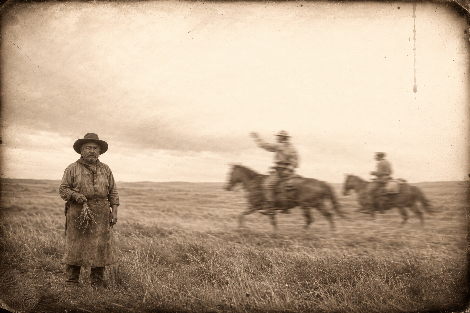 Riding out on the breezy morning under a dark cloud bank in the north-west, Augustus and Pea Eye pass Po Campo a mile from camp, out on the plain hunting wild onions.