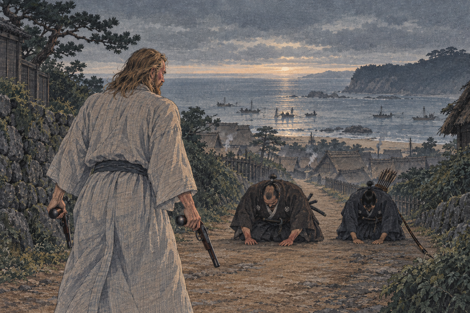 Buntaro kneels in the road at dawn