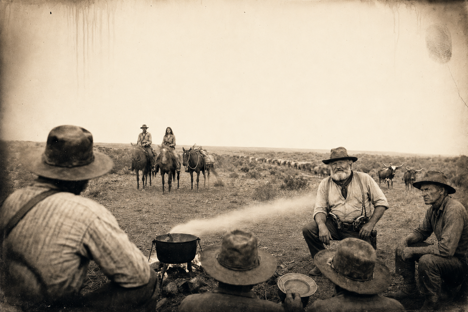 Late afternoon at Bolivar's cook fire, Augustus looks up from his plate and sees Jake and Lorena riding into camp on two good horses, leading a pack horse — and Lorena is wearing pants.