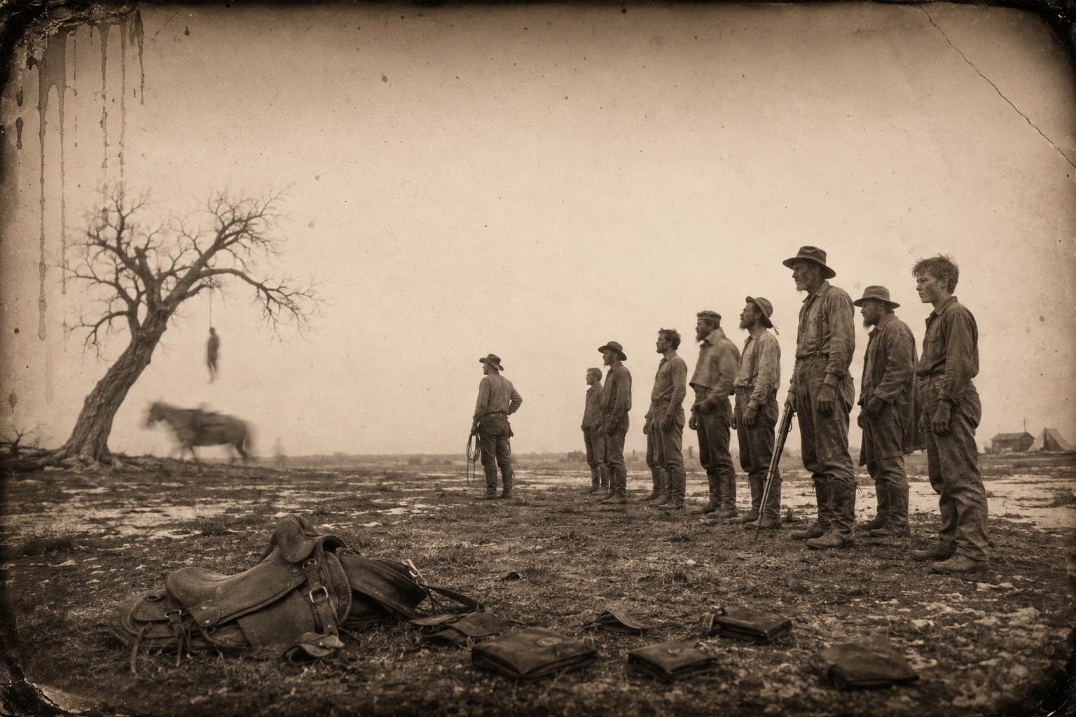 Caught before dawn with four wallets and the best saddle, shot off his horse and tied, Big Tom is hanged where he stands while the cowboys watch in their long johns and nobody says a word.