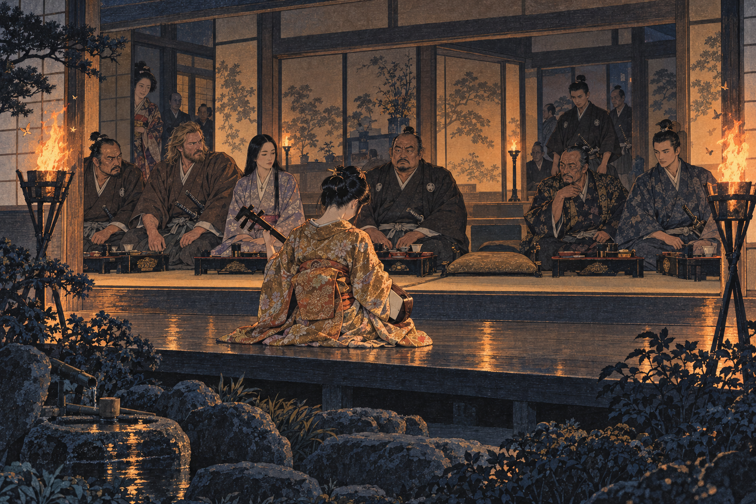 Kiku sings under the torches