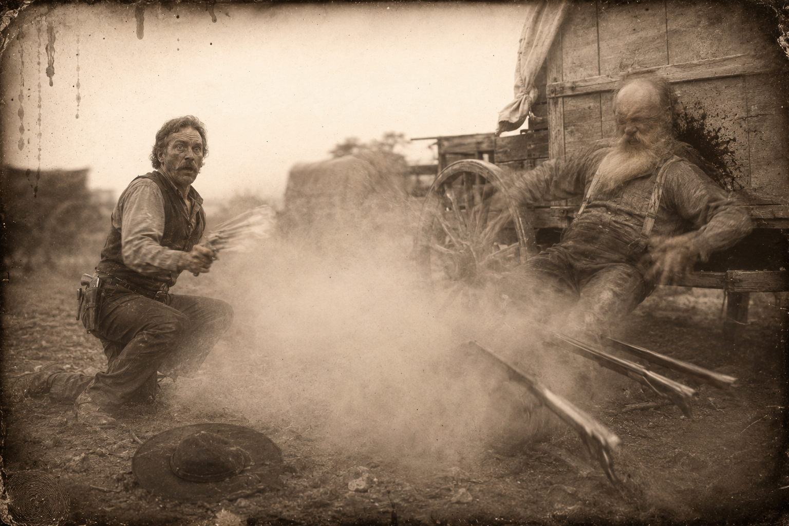 Jake shoots — twice, both shots as much a surprise to him as to the nester, who is knocked back against the wagon.