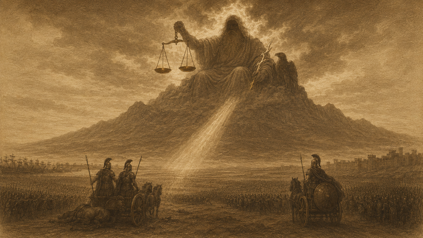 Pen-and-ink: Zeus Tips the Scales; Battle by the Ships Begins