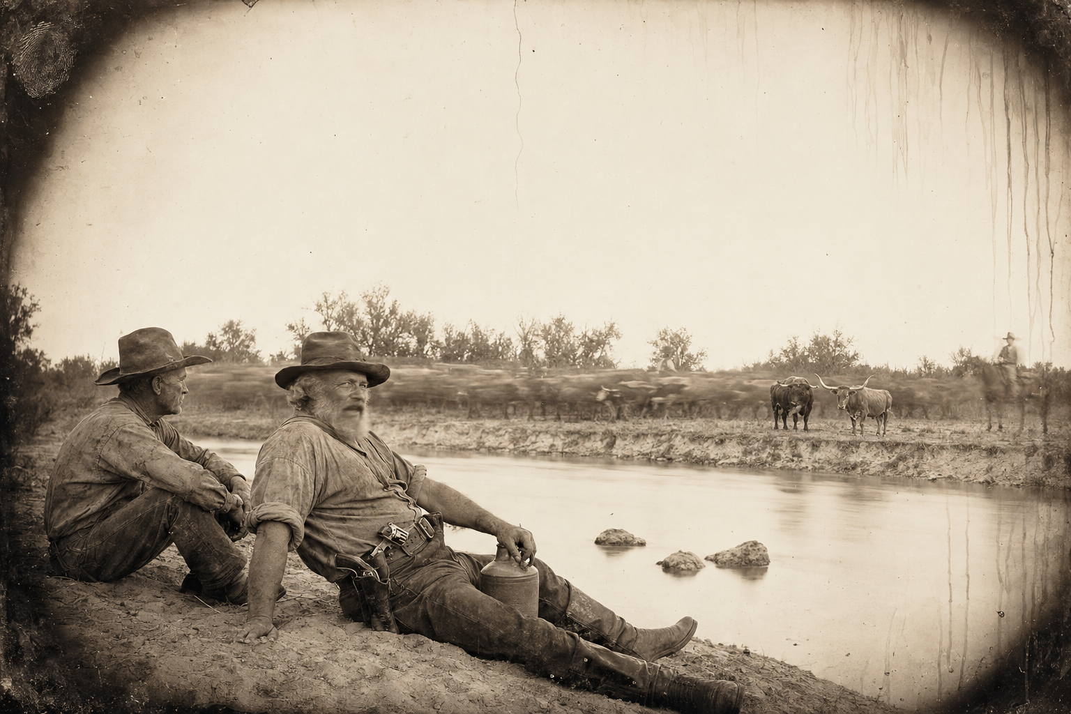Call and Augustus sitting on the bank of the San Antonio waiting for the herd — "I wish you'd stop talking about that boy's death" — as the cattle come in sight with the Texas bull walking beside Old Dog.