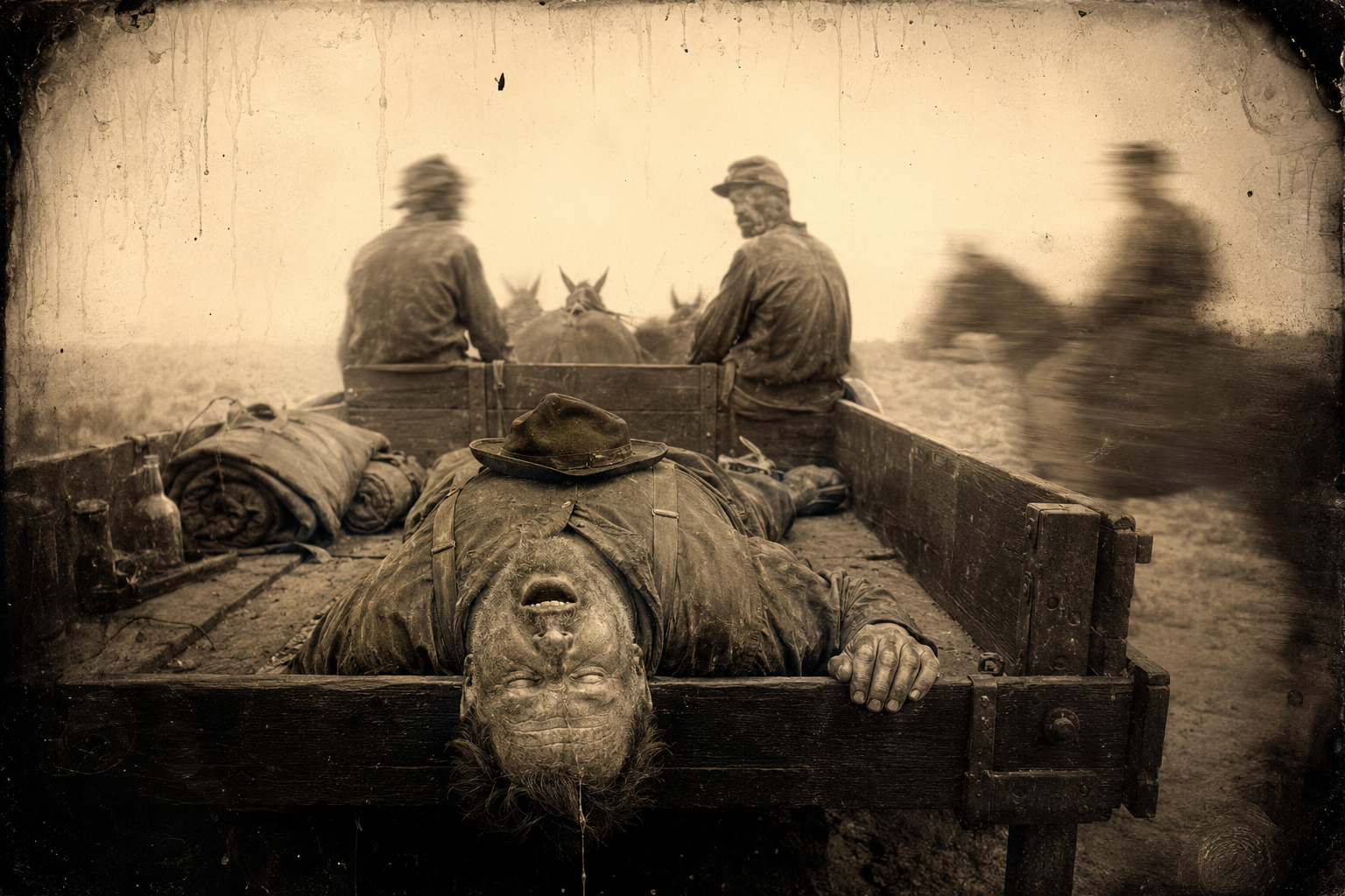 Roscoe, drunk on the soldiers' whiskey and sick to his stomach, lies flat in the springless mule wagon with his head hanging out over the tailgate.