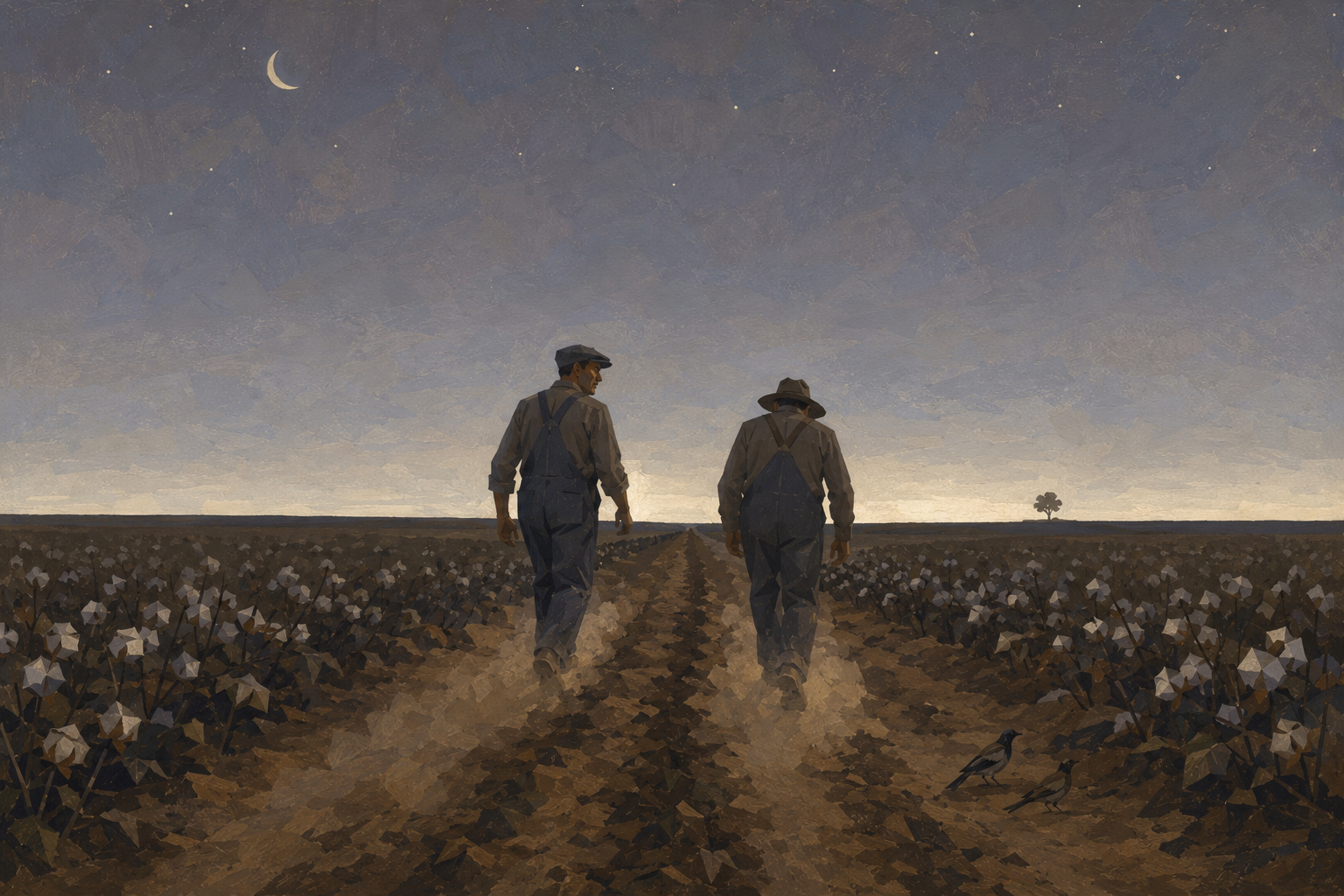 Two men walking the cotton rows before dawn