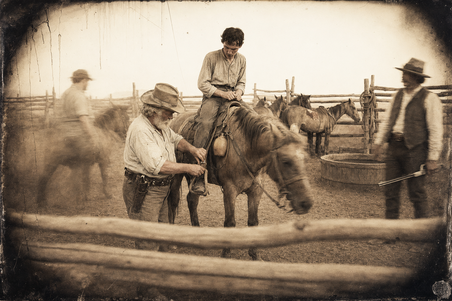 In the pen Augustus shows the Irishmen how to adjust their stirrups so their feet won't dangle, while Jake comes walking up with a Winchester in the crook of his arm.