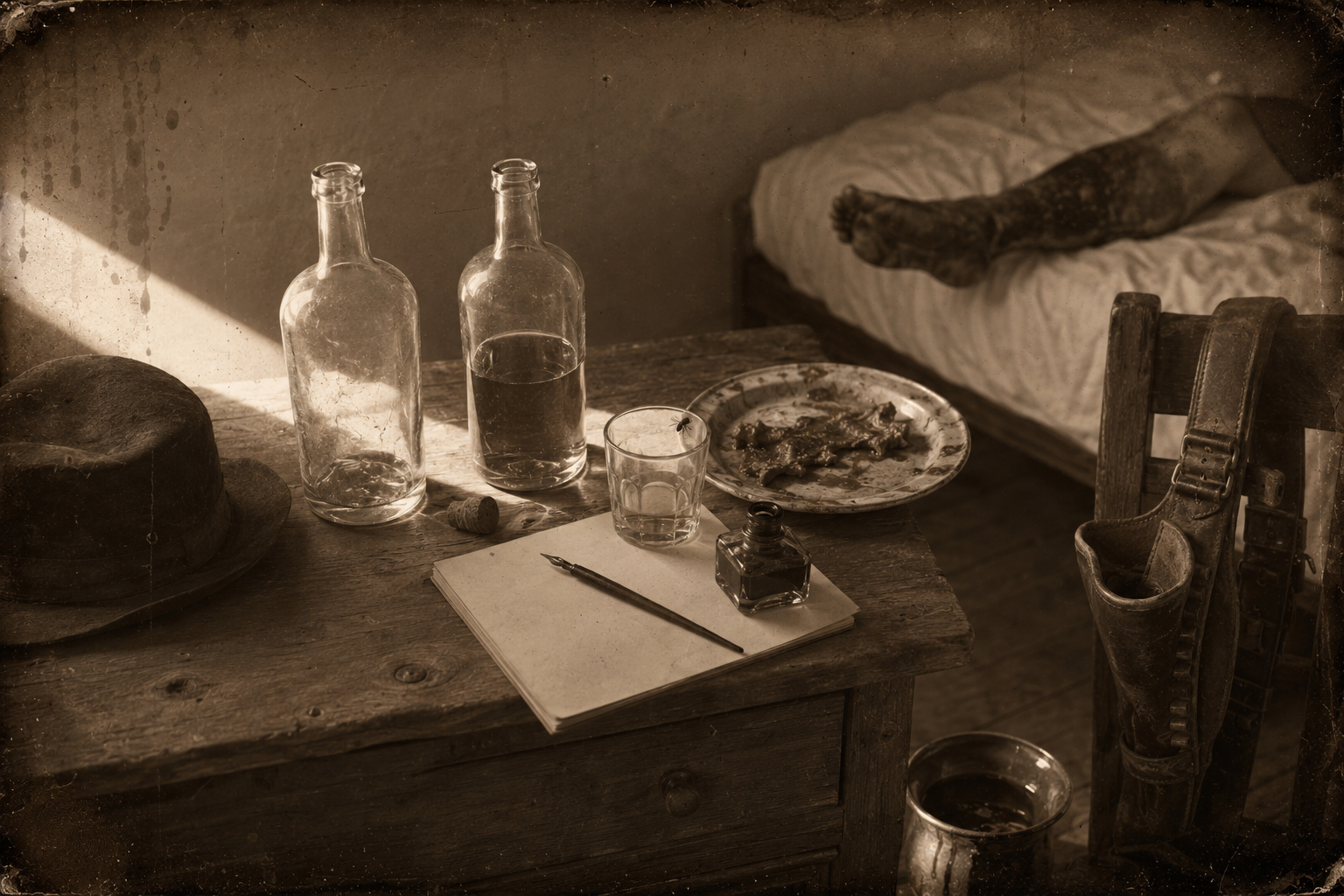 The end of a whole afternoon's drinking — the will unwritten, the venison brought up again into the spittoon, the remaining leg gone as black as the one already lost.