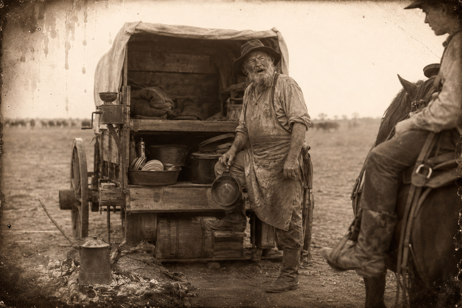 Bob the cook, packing his pots and skillets into the wagon, tells the two arrivals they are too late — the hands have eaten him out of breakfast.
