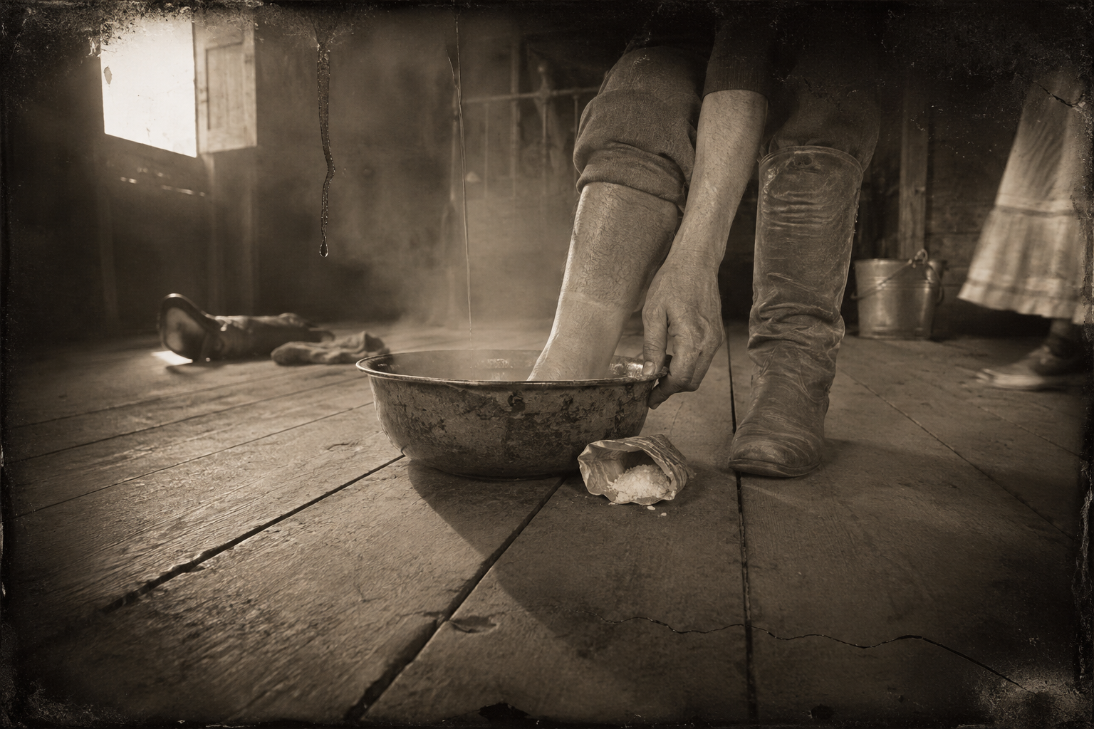 Upstairs, Lorena eases Jake's boot off and soaks the ankle a horse broke years ago in hot water and Epsom salts.