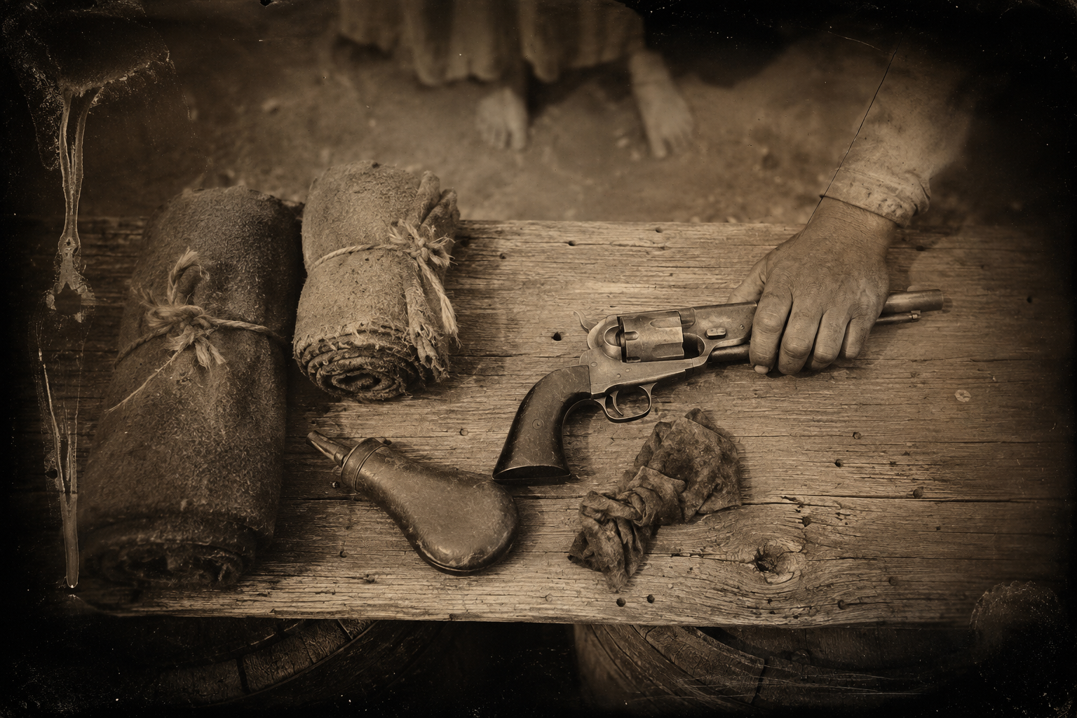 "We've never shot airy other gun" — the Spettle boys refuse to leave behind the Navy Colt with half its hammer knocked off.