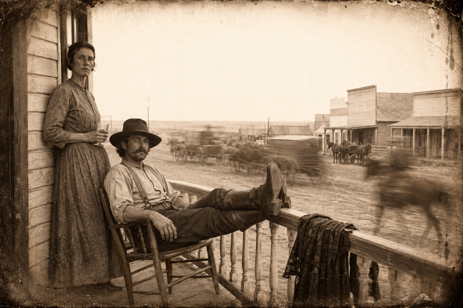 Jake sits with his boots on the porch rail watching the Fort Worth wagons, and Sally comes out with her whiskey glass to help him watch.
