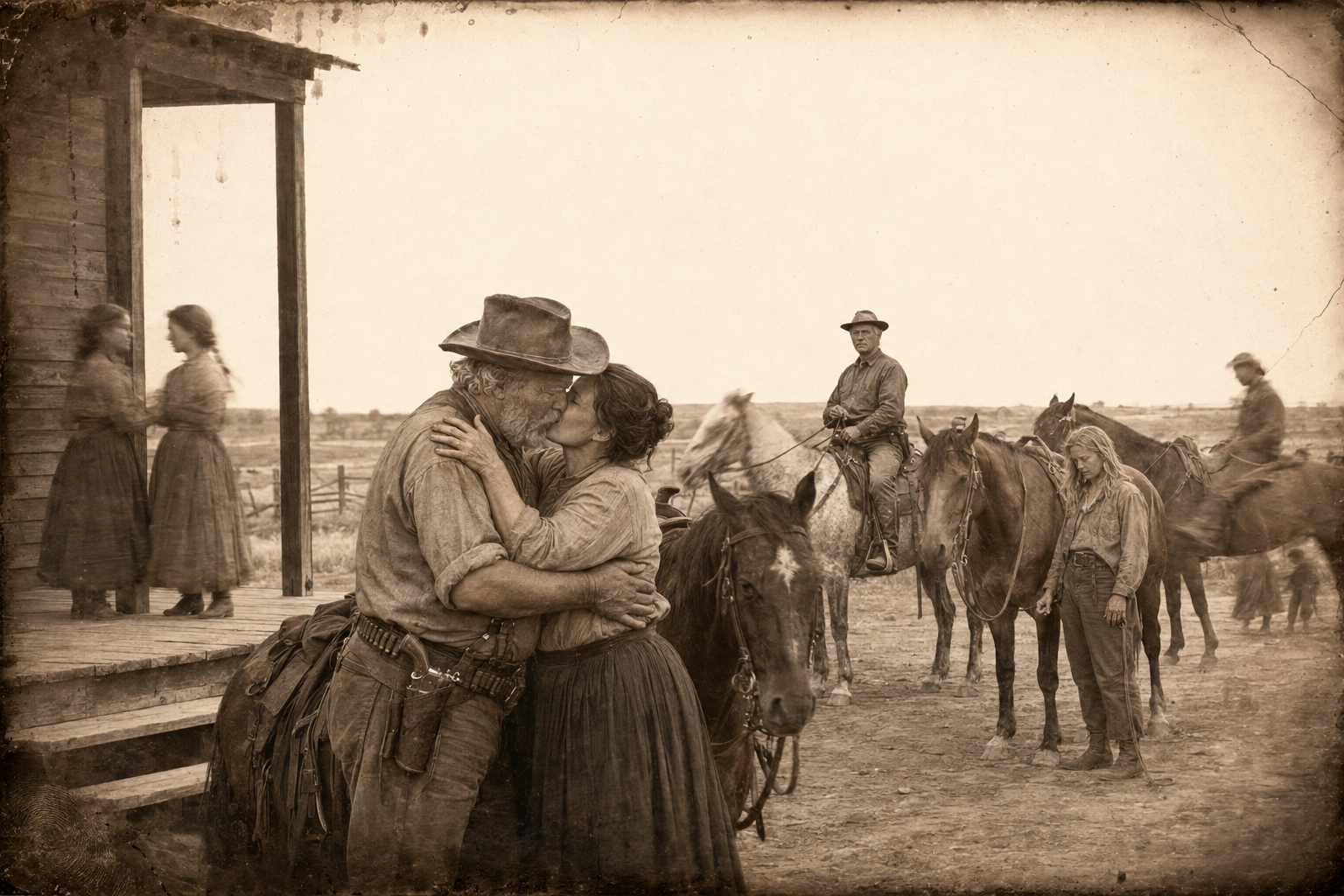 Clara walks straight off the porch into Augustus McCrae's arms and kisses him on the mouth, to the astonishment of her daughters and the despair of Lorena.