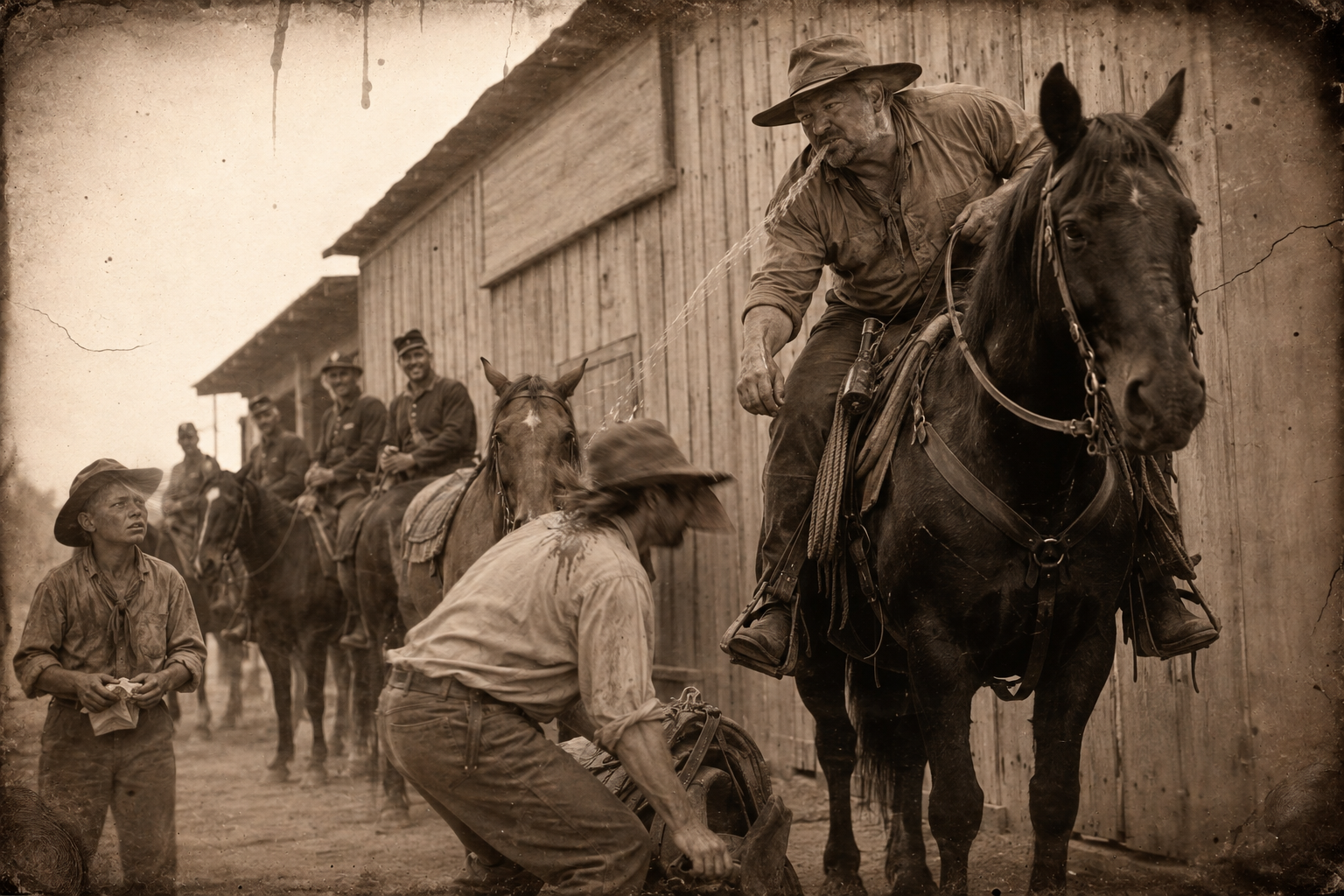 Dixon rides his black gelding onto Dish, asks the price of the mare, and spits tobacco juice on the back of Dish's neck as he stoops for his saddle.