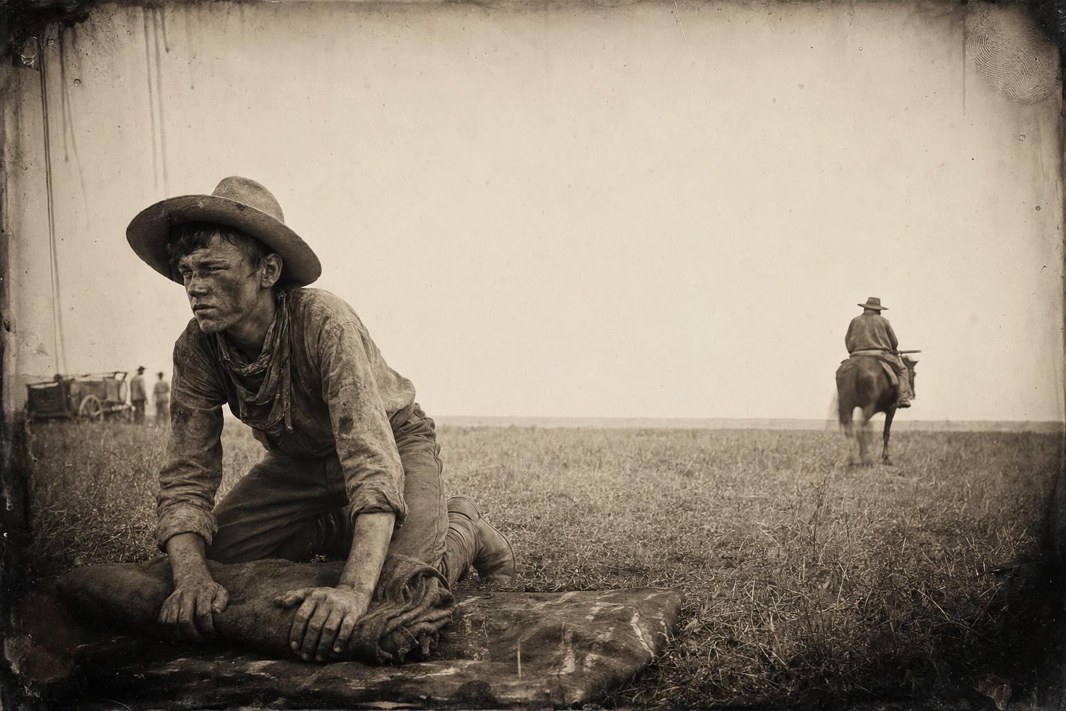 Bolivar rides south without looking back, his gun across the horse's withers, while Newt makes a show of spreading bedrolls to hide the fact that he is crying.
