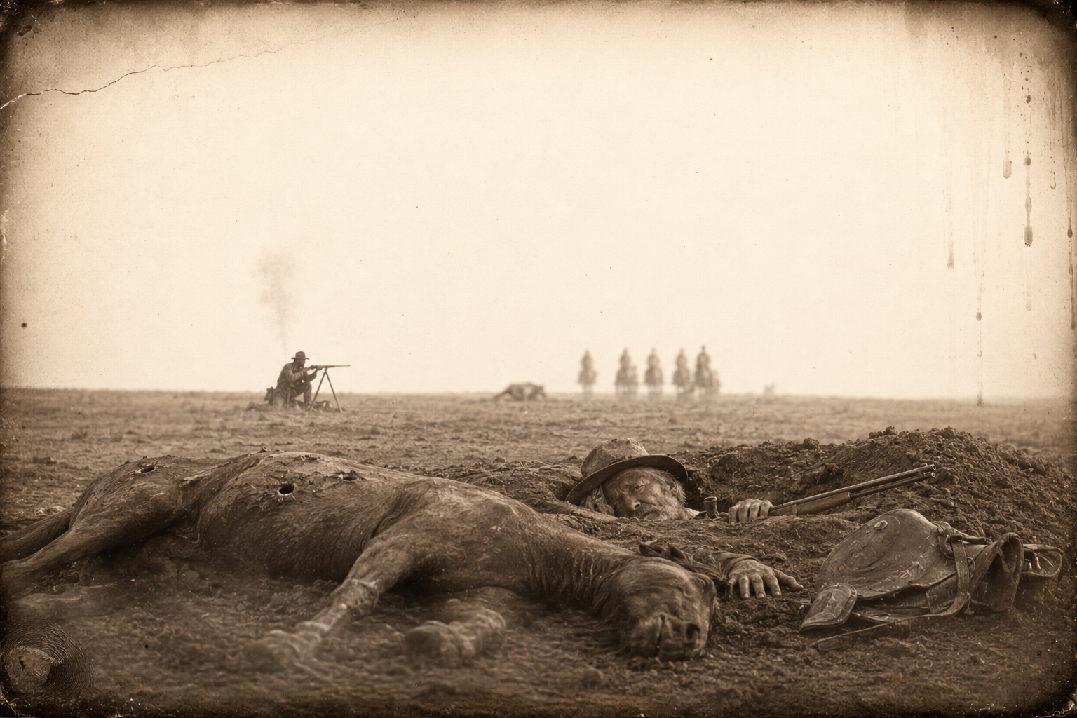 All afternoon the six survivors hold council out of range; then one fetches a white buffalo hunter who sets up a tripod and pins Augustus down with a fifty-caliber gun.