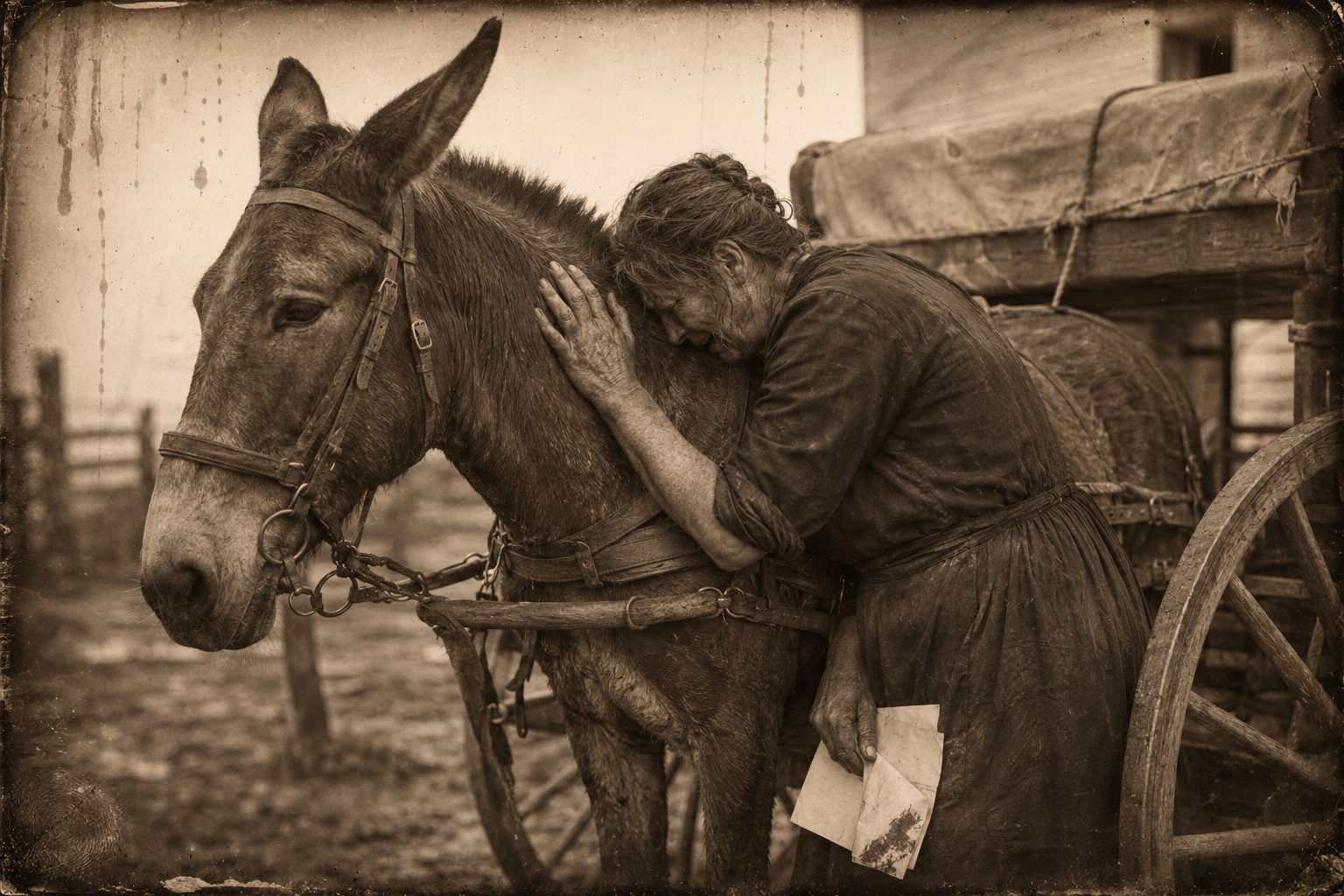 Clara takes the two notes, goes to Greasy the mule, strokes his neck and breaks into sobs against his side while the mule stands as if planted.