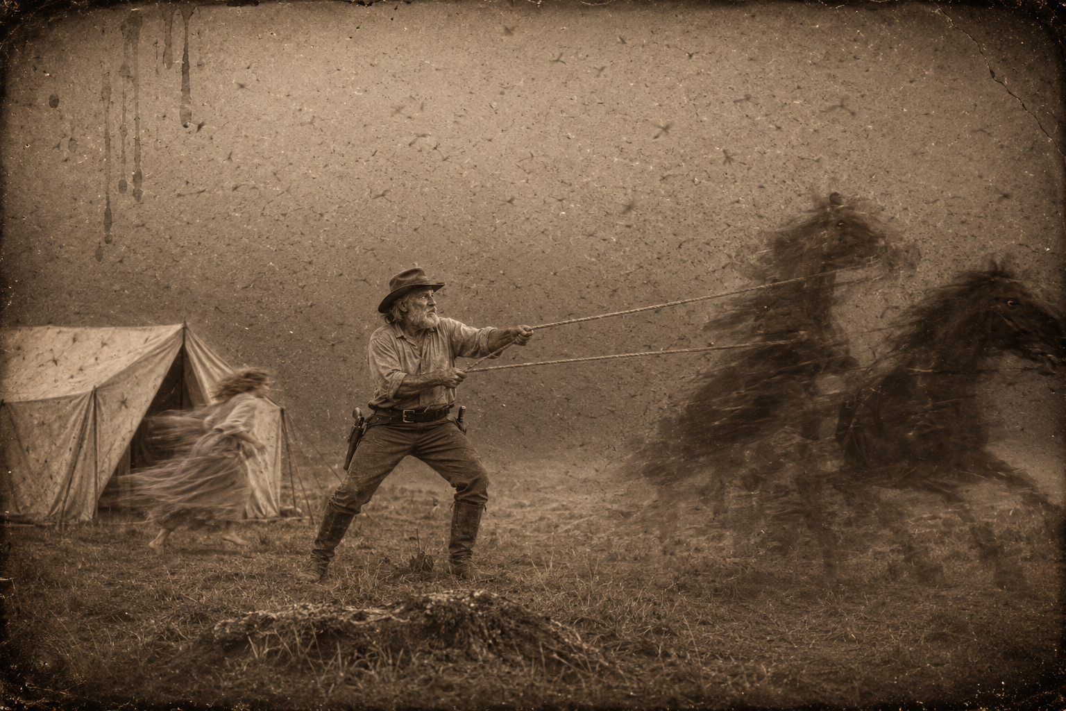 The grasshopper cloud comes down on the camp; Augustus stands hauling on the lead ropes of the terrified horses while Lorena runs for the tent.