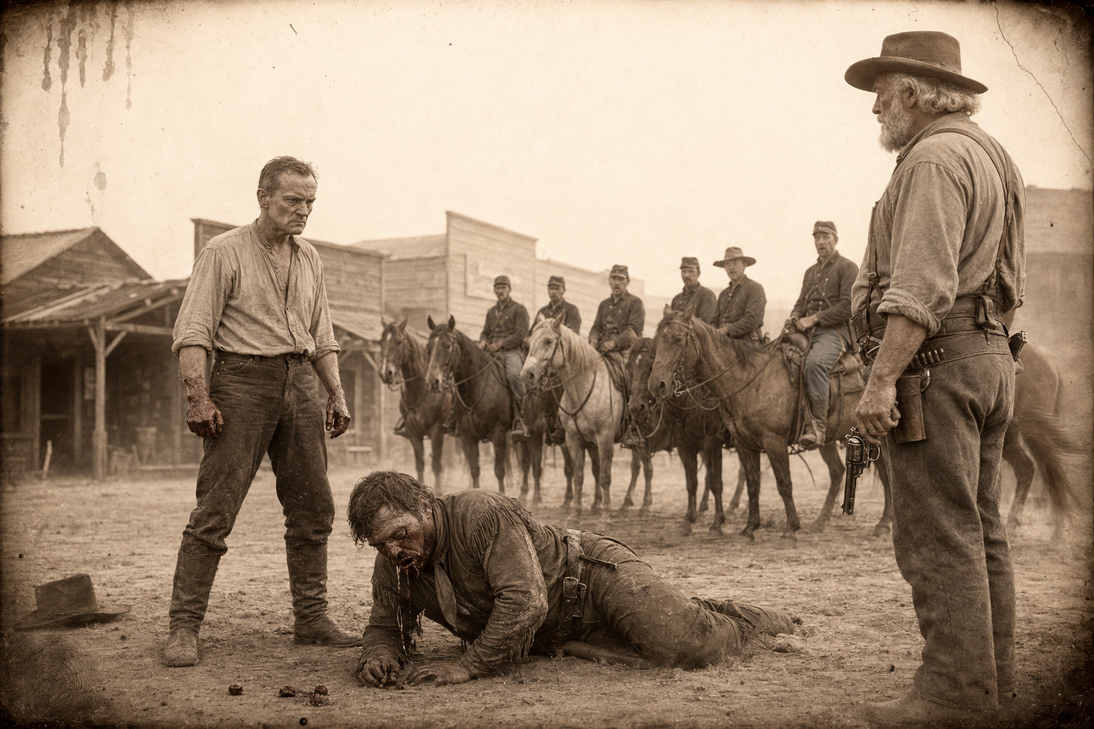 Call stands over Dixon, who is spitting out blood and teeth, while the six soldiers sit their horses too astonished to move and Augustus watches them with his Colt drawn.