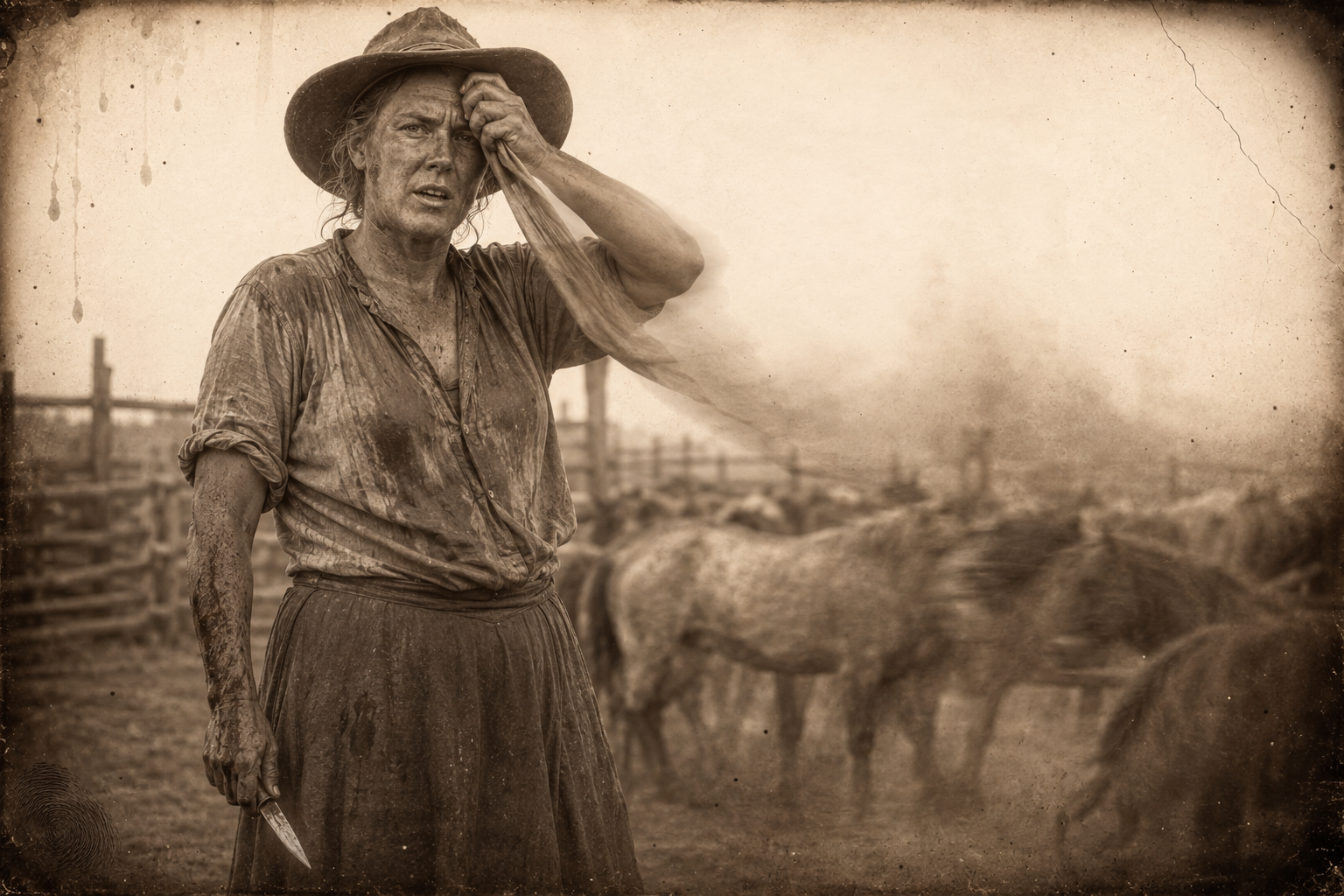 Clara pauses to wipe the sweat off her forehead with her shirttail, her hands bloody, and says Bob taught her because there was nobody else to hold the horses.