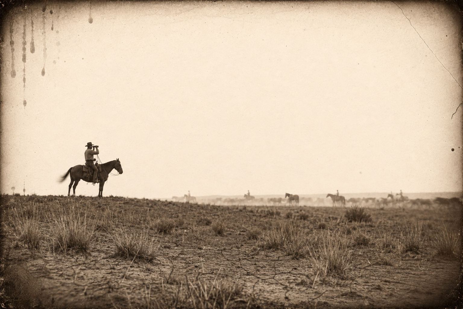 Dan Suggs rides up on a low ridge and studies Wilbarger's twenty-five horses through his old army spyglasses.