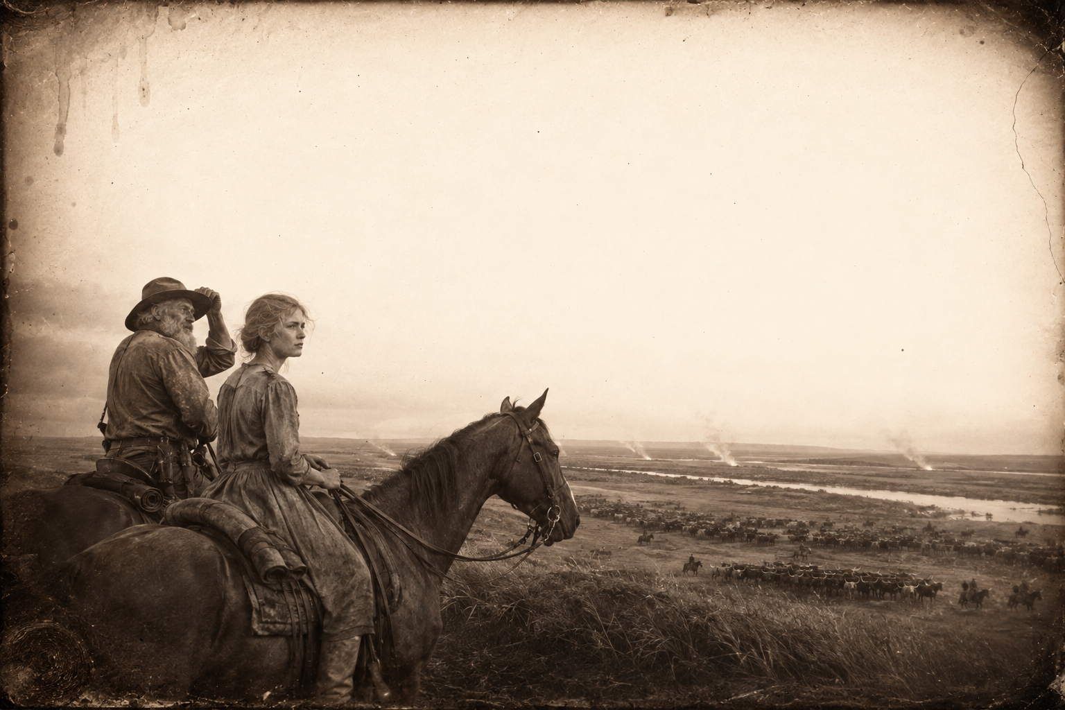 Riding east along the flooded Canadian, they top a ridge toward evening and see four great herds of cattle spread as far as the eye can see, stopped by the river — and Lorena begins to shake at the sight of so many men.